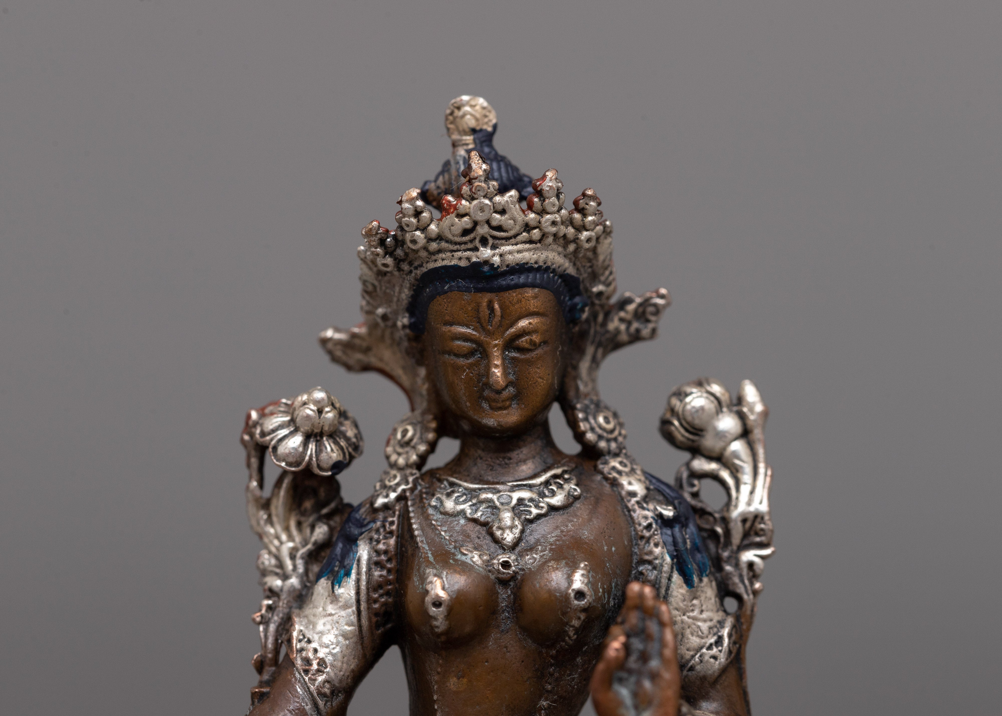Miniature White Tara Statue | Tara in Copper Body and Silver Plating