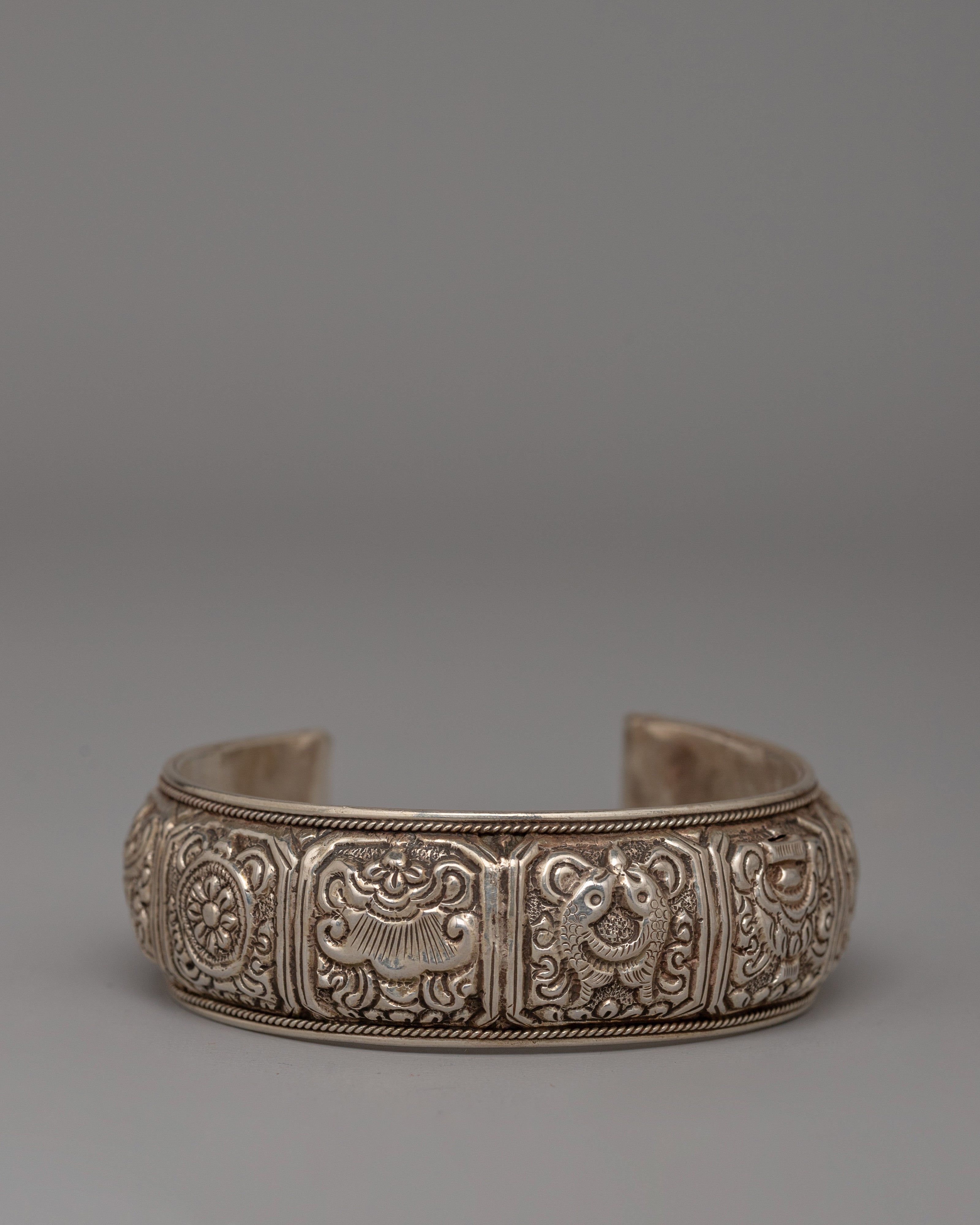 Silver Bracelet Featuring Eight Auspicious Symbols | Buddhist Jewelry
