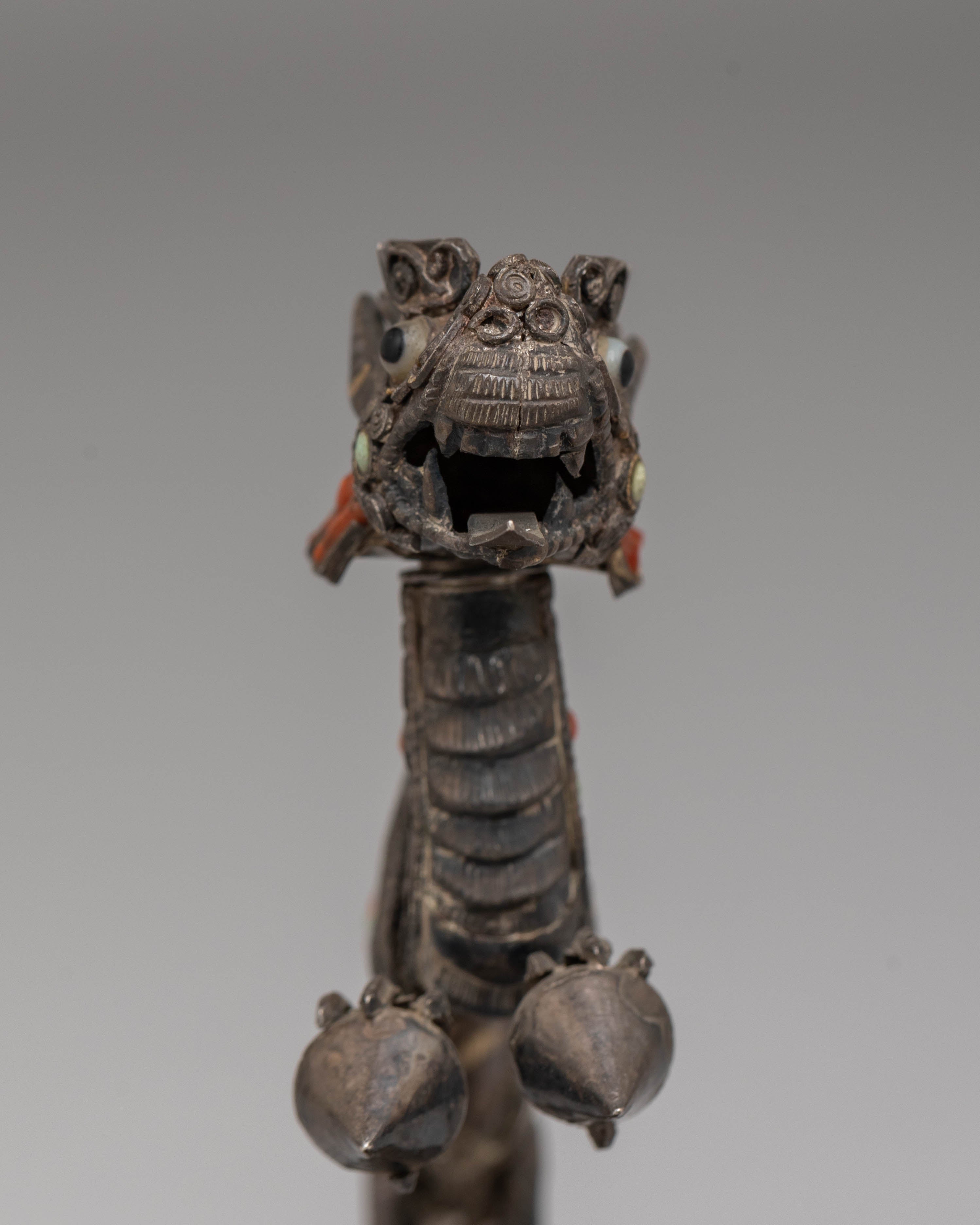 Handmade Dragon Sculpture | Silver Art Piece with Turquoise & Coral Gemstones