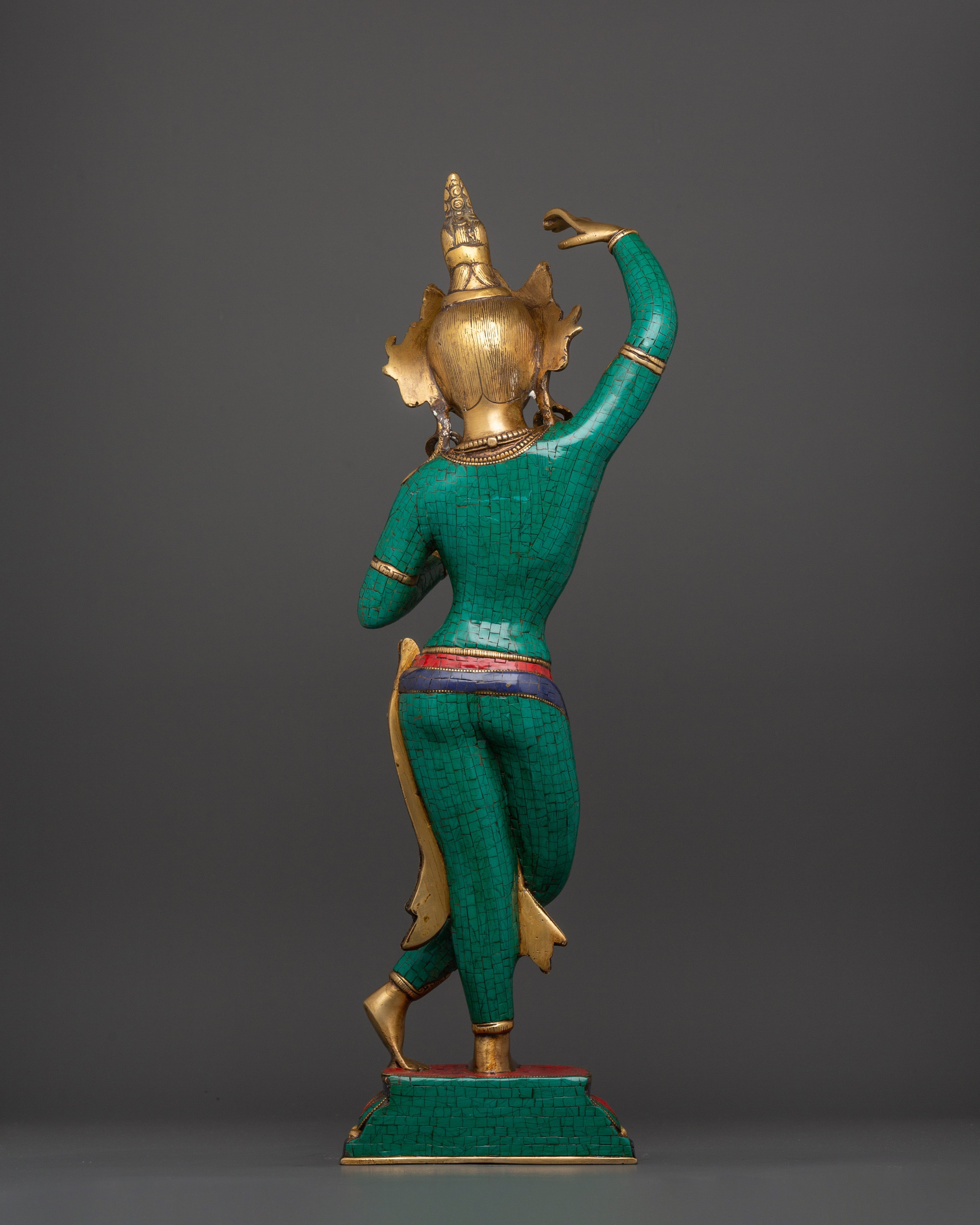 Maya Devi Brass Statue | Brass Sculpture with Turquoise & Coral Inlay