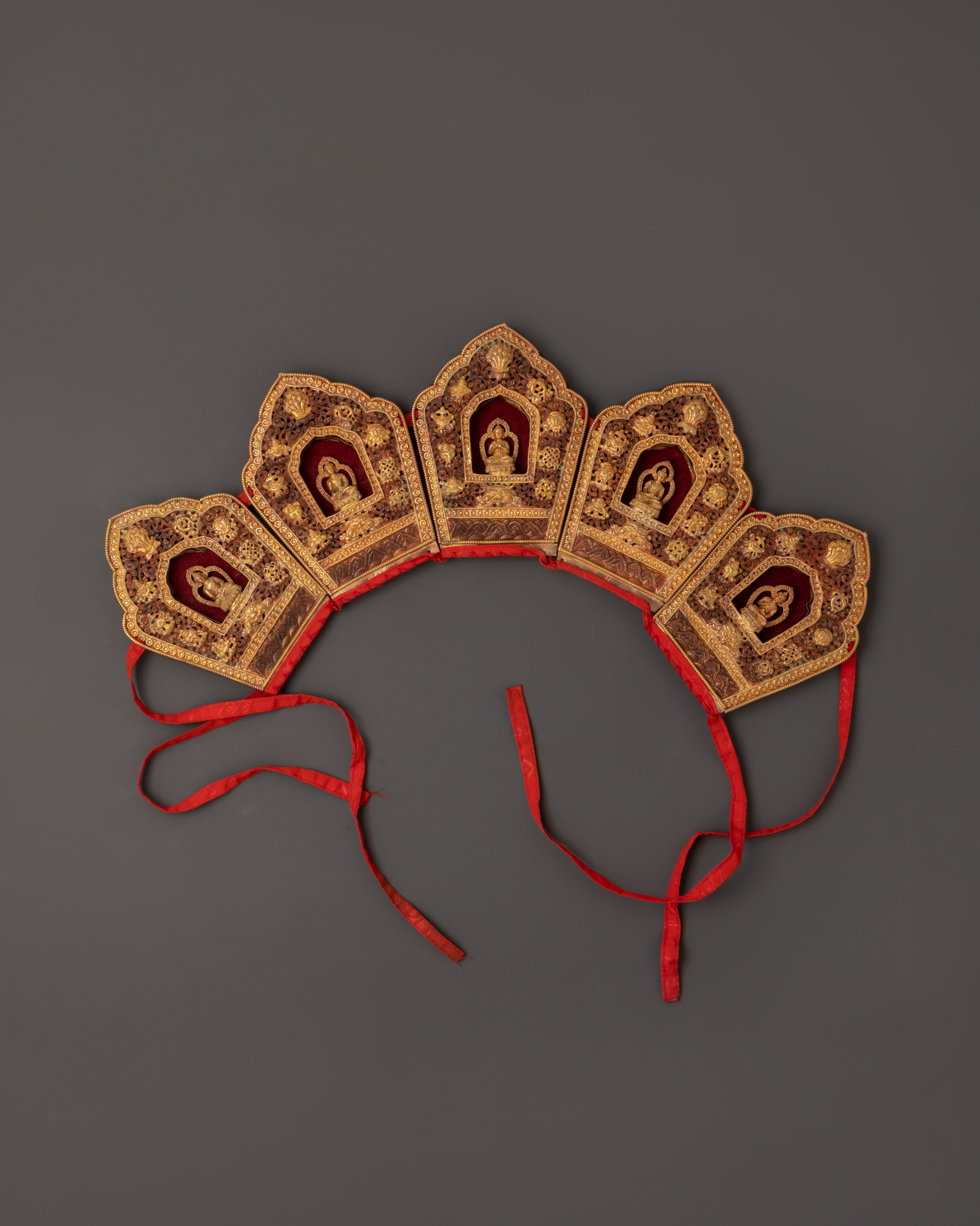 Oxidized Copper Tibetan Crown with 5 Dhyani Buddhas | Electro Gold Plated Headdress