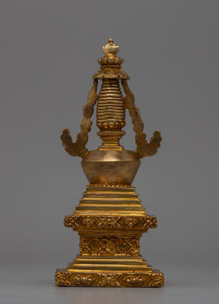 Religious Décor Gold-Plated Stupa | Sacred Altar Piece with Floral Patterns