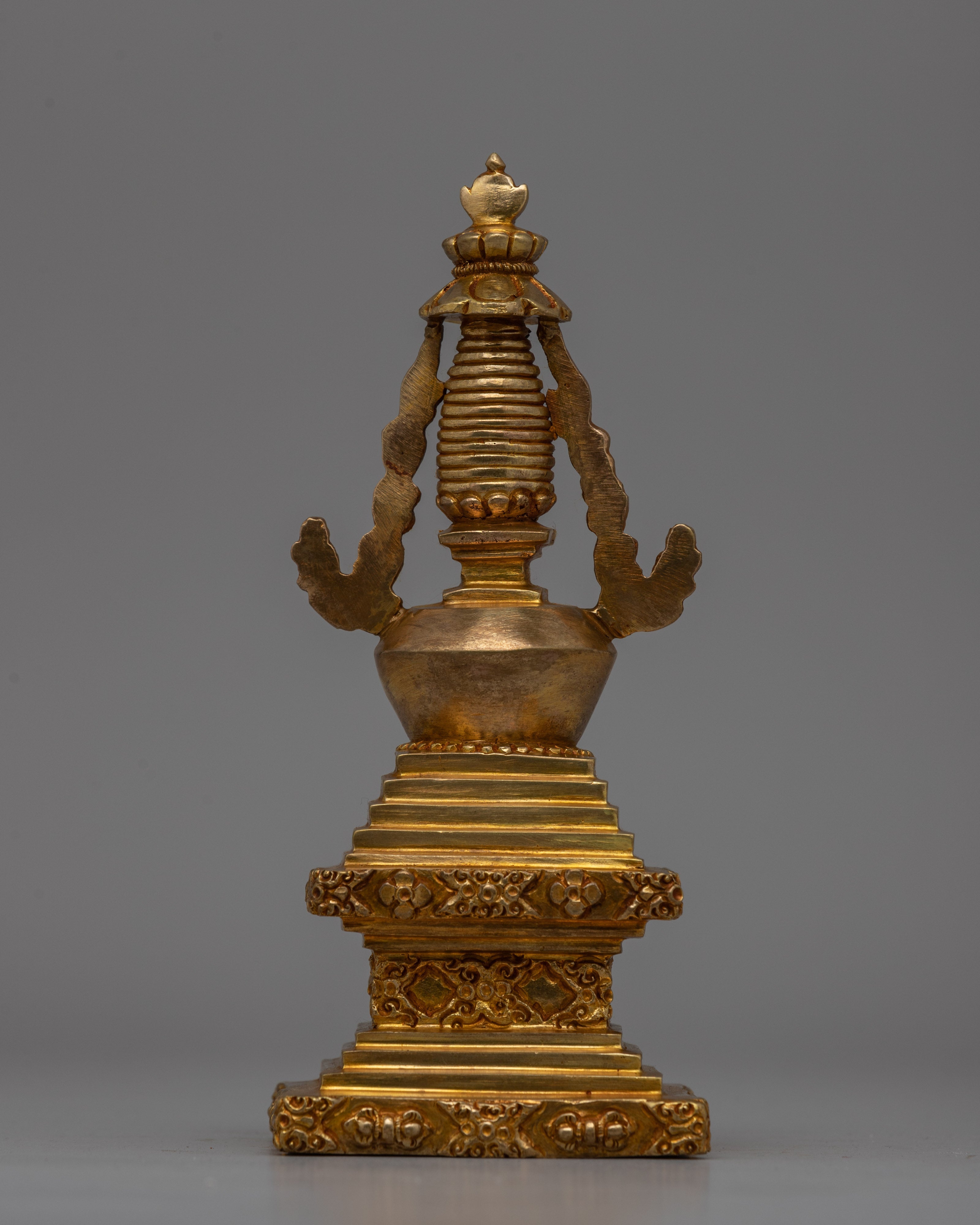 Religious Décor Gold-Plated Stupa | Sacred Altar Piece with Floral Patterns