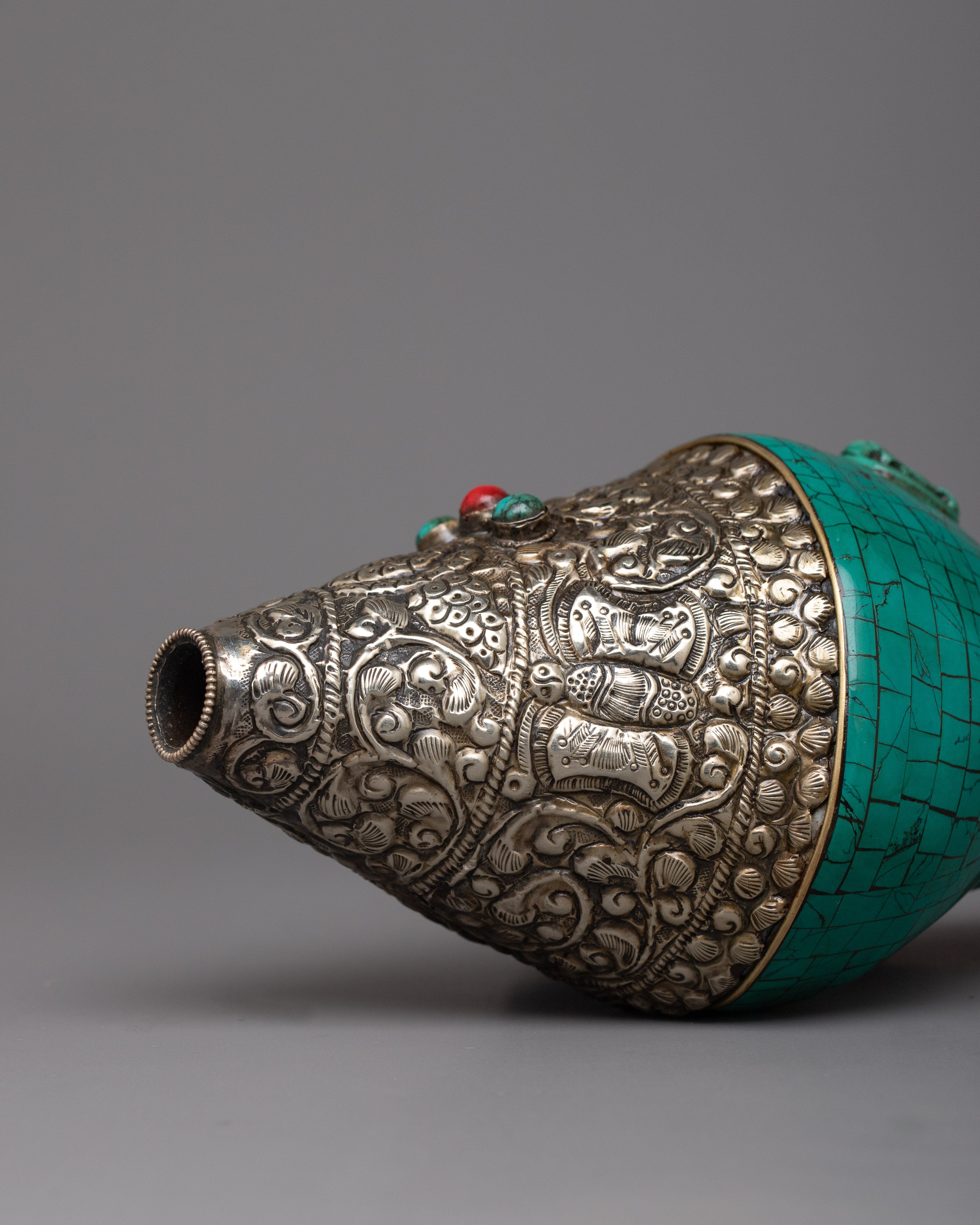 White Metal Conch Turquoise | Elegant Shankha for Spiritual Offerings