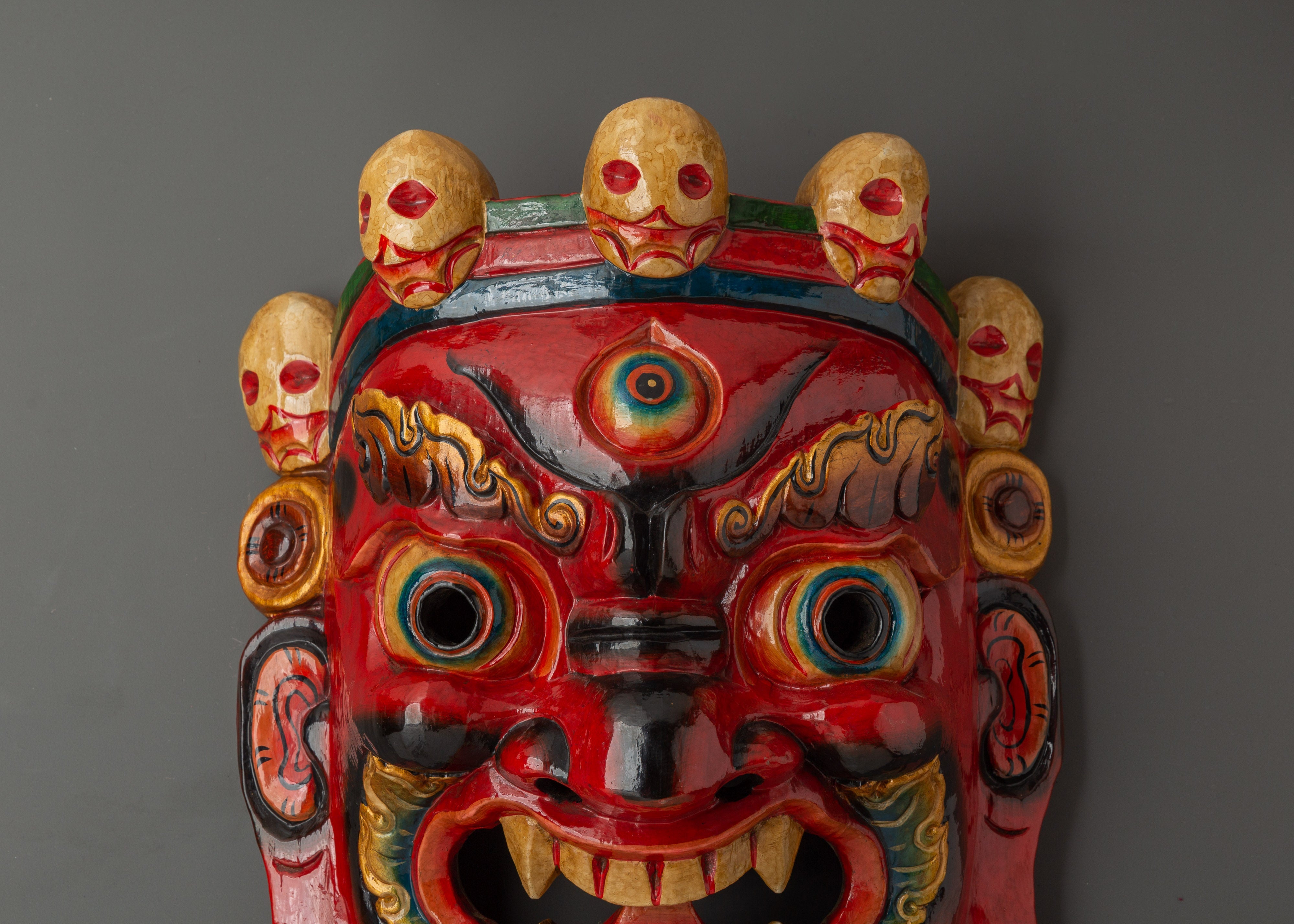 Fierce Mahakala Wall Mask in Bold Painted Wood | Tibetan Guardian Deity