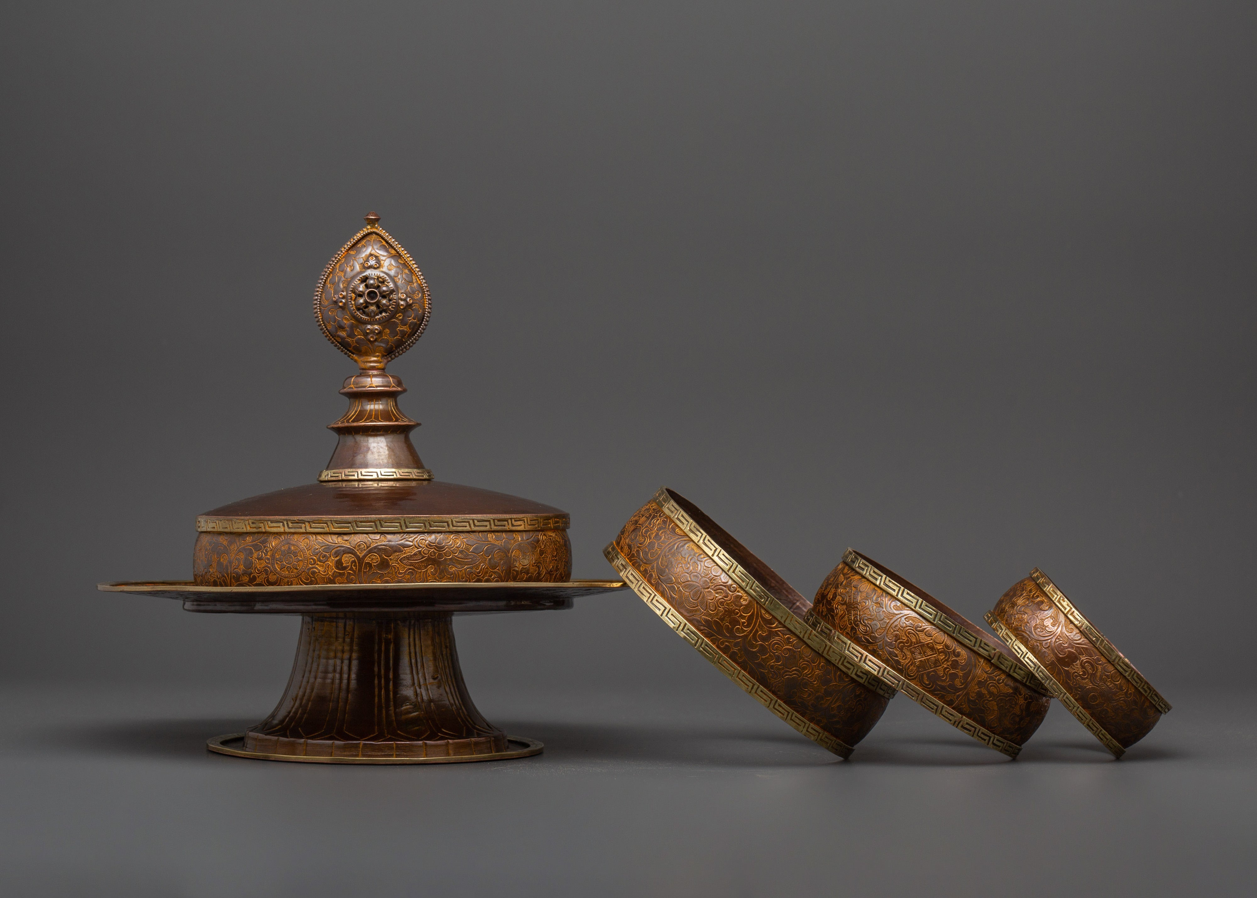 Oxidized Copper Mandala Offering Set | Buddhist Ritual Item