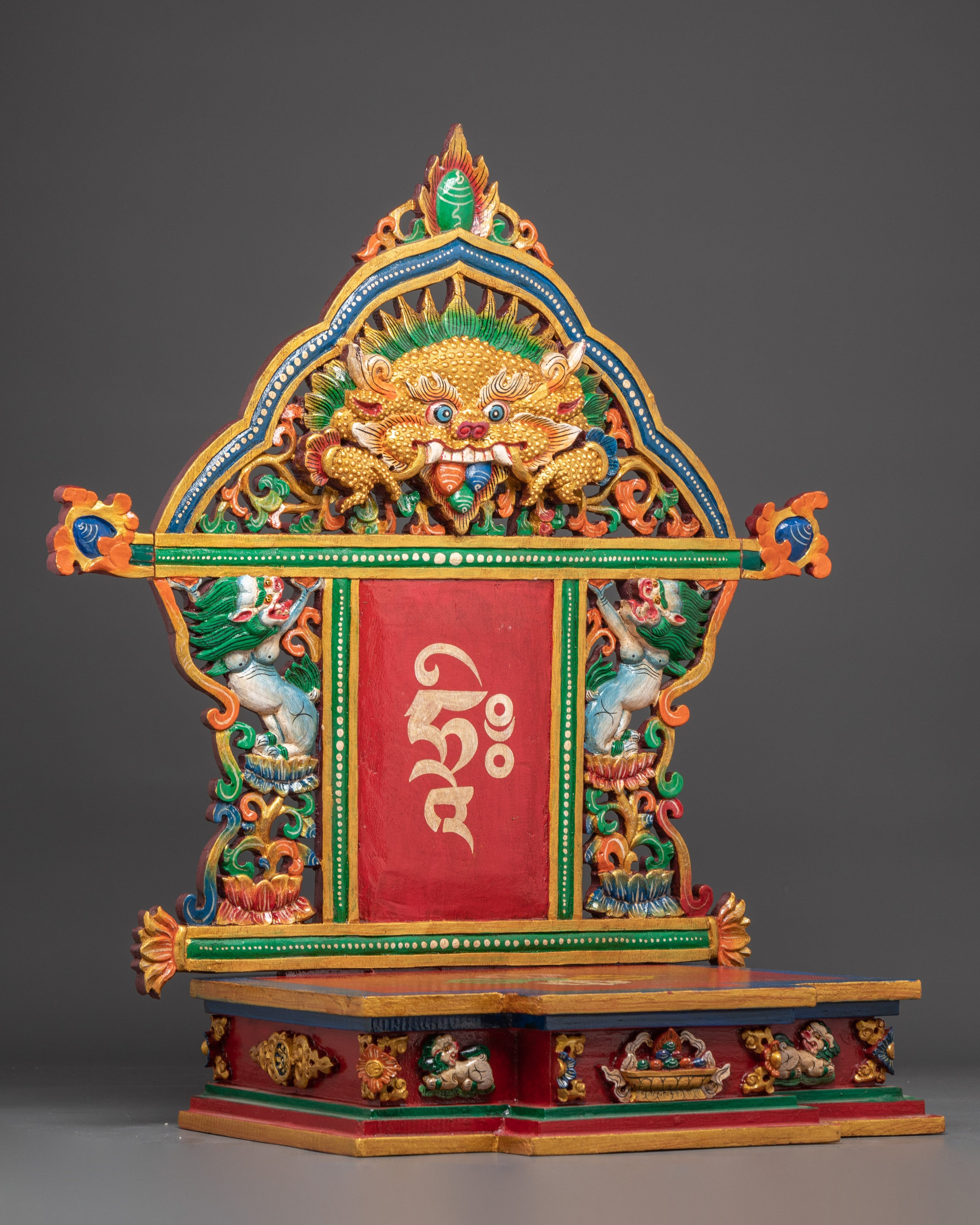 Spiritual Altar Throne with Tibetan Script | Handcrafted Buddhist Wooden Shrine