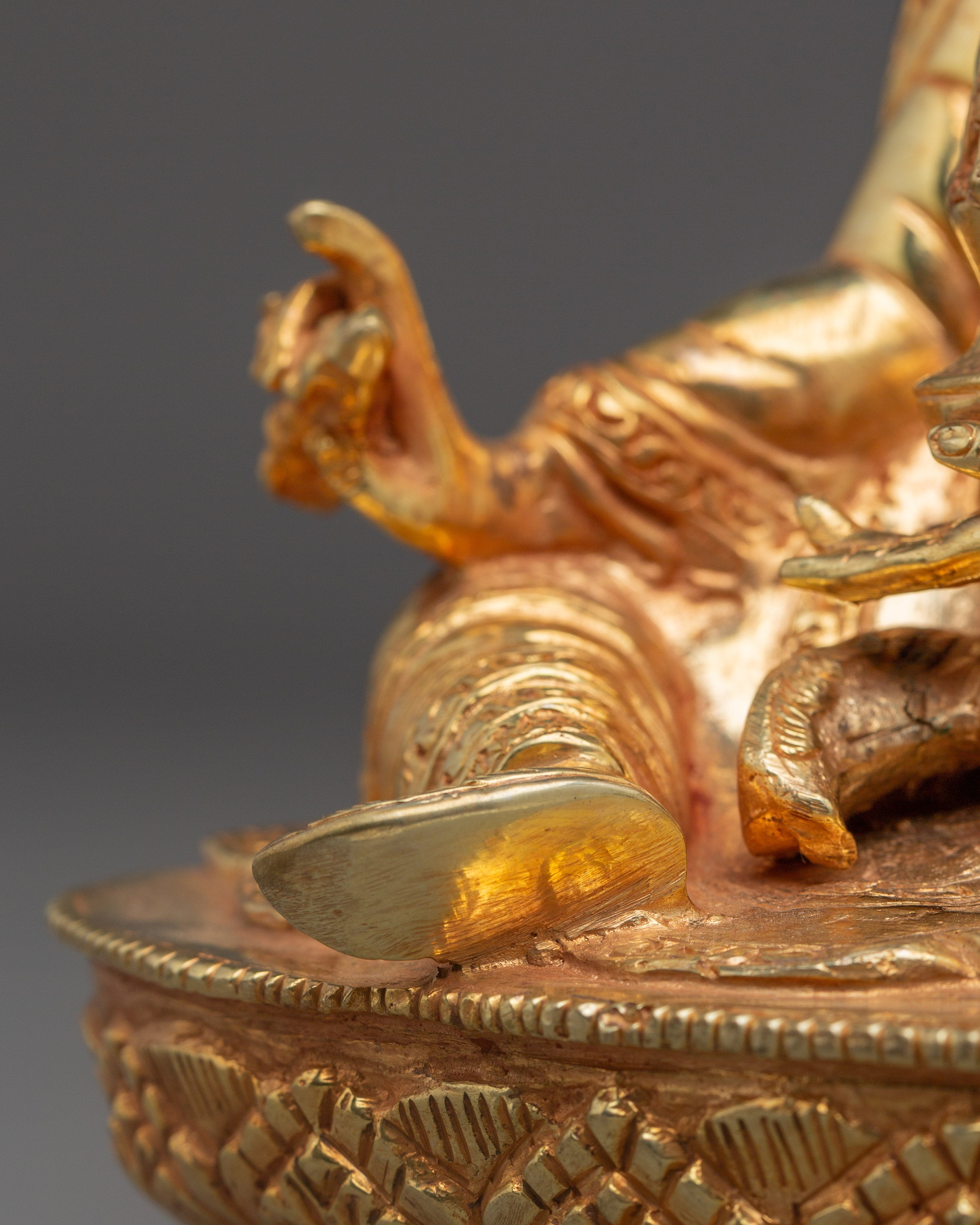 Sacred Padmasambhava Statue | Gold Plated Copper Buddha Sculpture with Coral & Turquoise