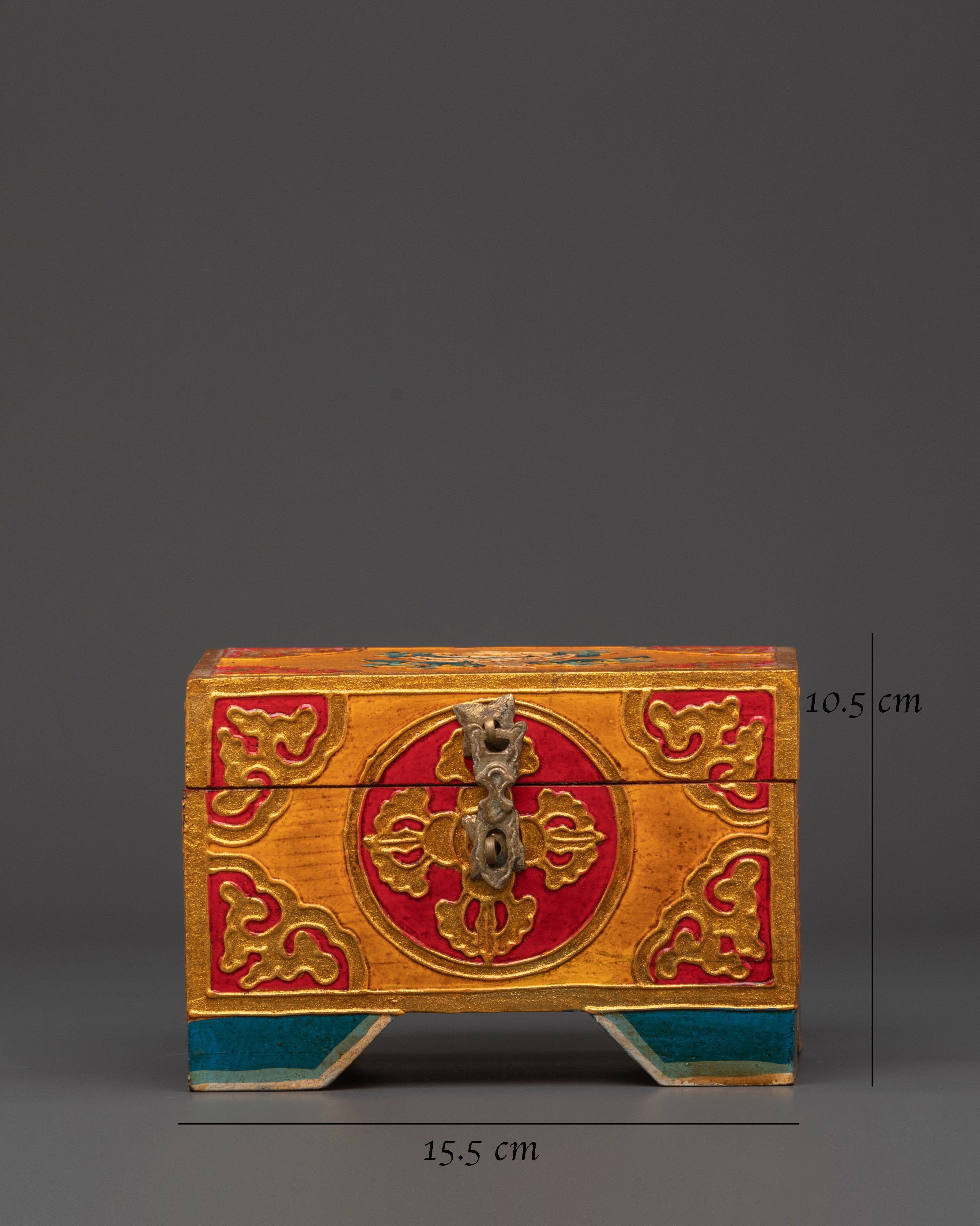 Hand Painted Tibetan Treasure Box | Yellow Red Wood Chest with Cloud Motifs