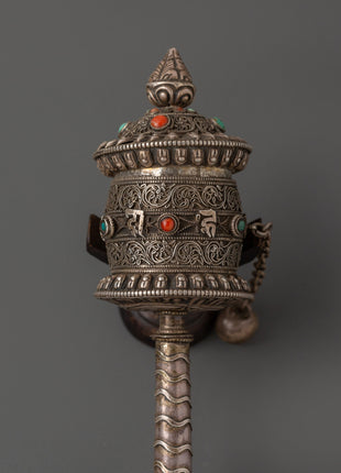 Tibetan Prayer Wheel 92.5% Silver | Handcrafted Spinning Mani Wheel