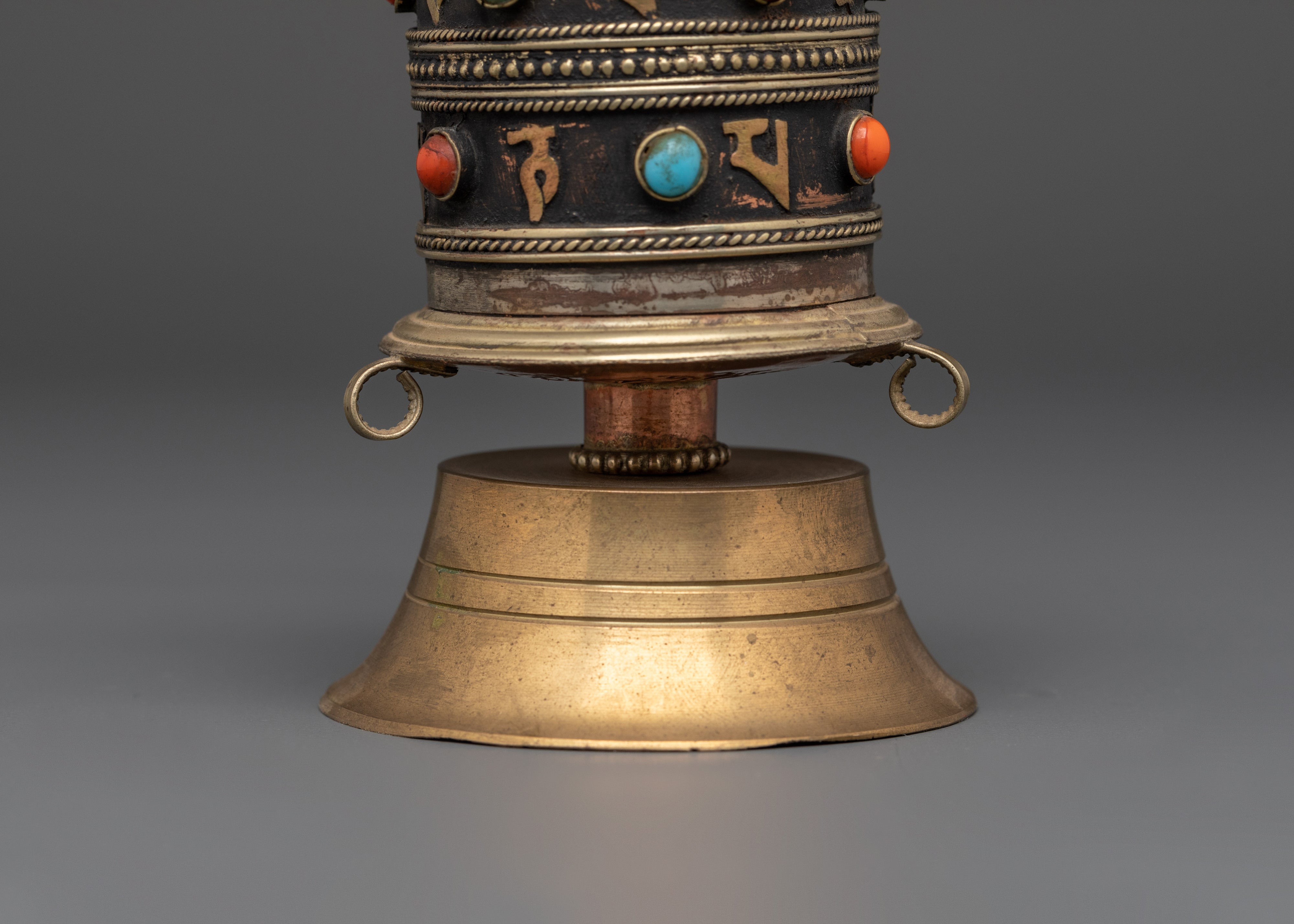 Sacred Prayer Wheel with Gemstones | Brass Turquoise Buddhist Wheel