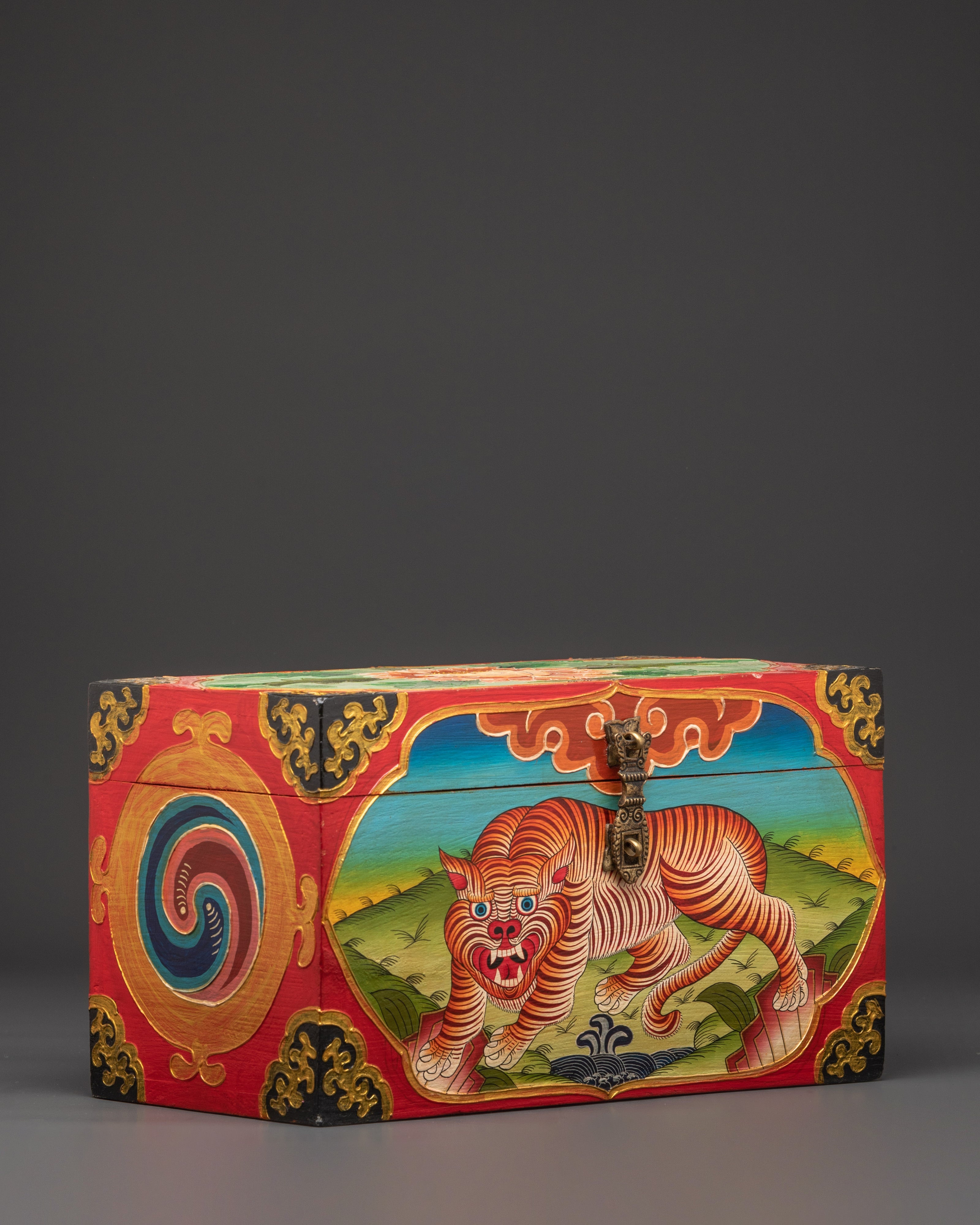 Hand Painted Tibetan Tiger Box | Fierce Jungle Design with Floral and