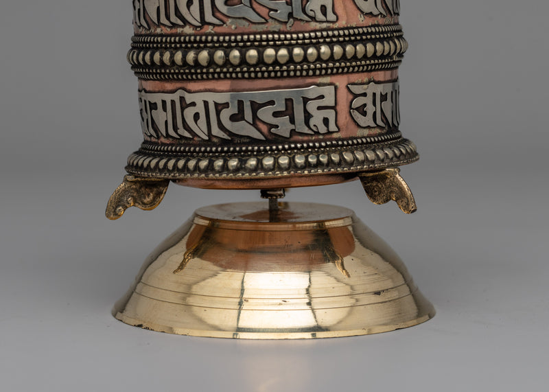 Traditional Tabletop Tibetan Prayer Wheel | Mani with Mantra, Copper & Brass Design