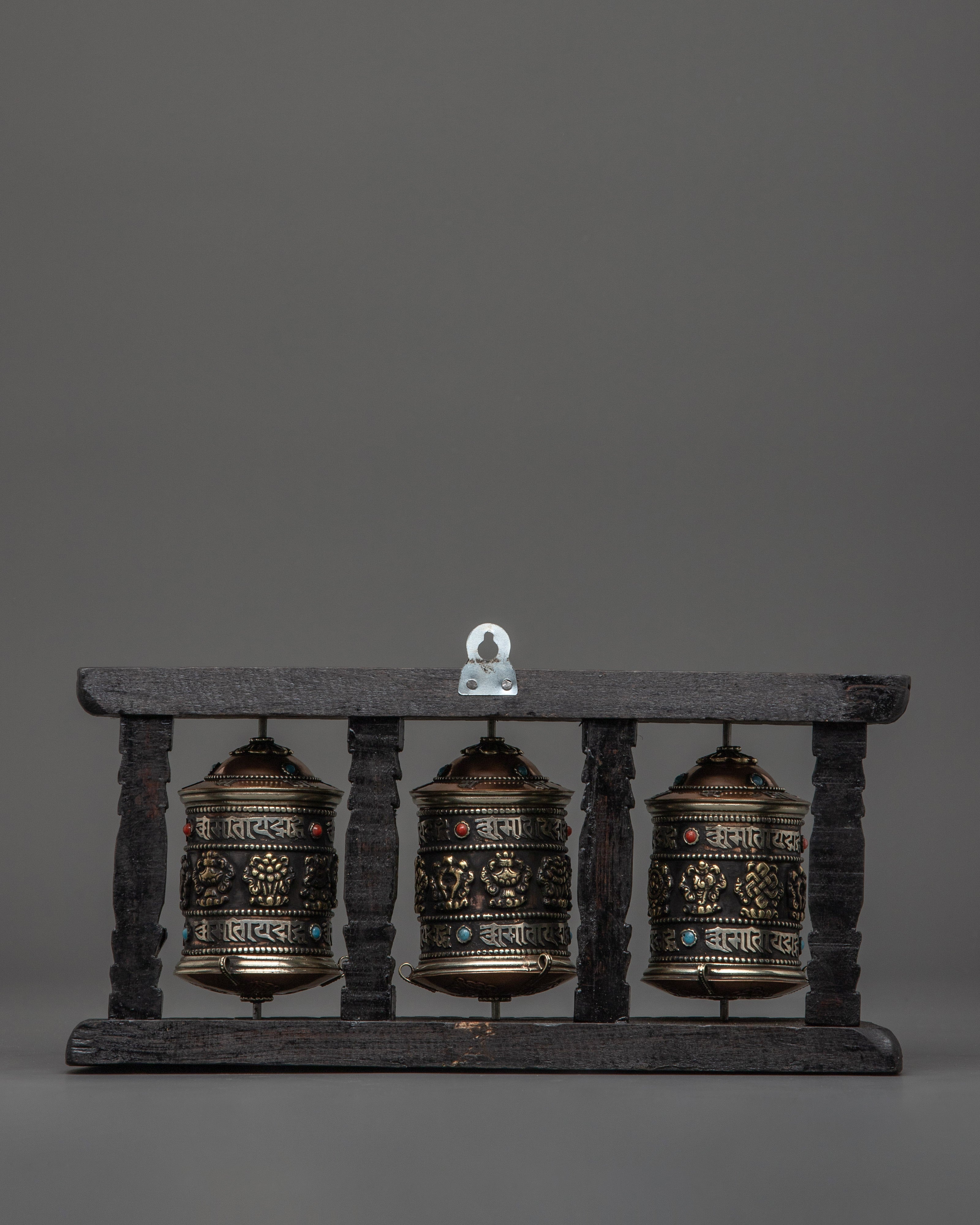 Triple Mantra Prayer Wheel Set | Sacred Mantra Spinners for Altar Decor