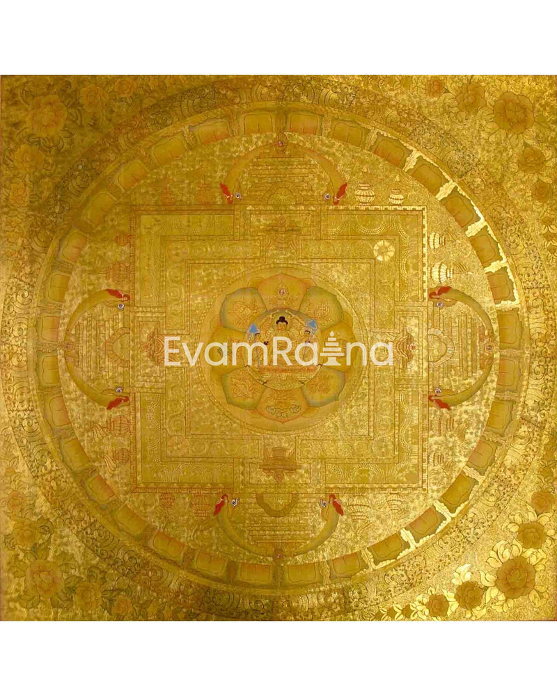 Shakyamuni Buddha And 5 Dhyani Buddha Mandala Thangka | Wall Hanging Yoga Meditation Canvas Art | Fine Quality All Gold Style Painting