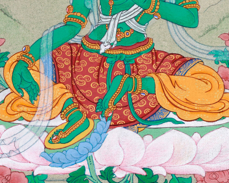 Divine Feminine Thangka - Hand-Painted Green Tara Tibetan Painting