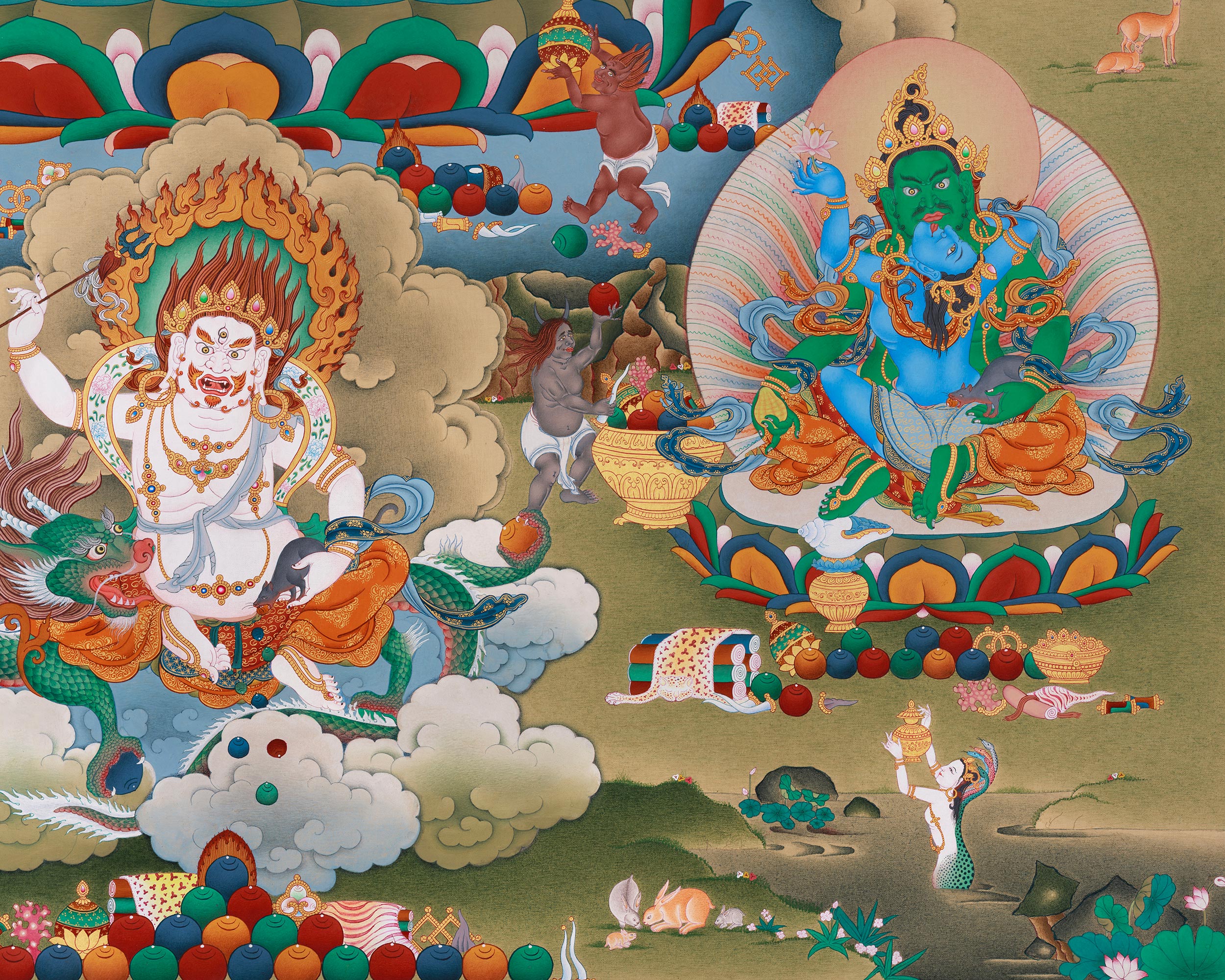 Namtoshe with 5 Dzambhala Thangka | The Wealth Deity and His Divine Companions