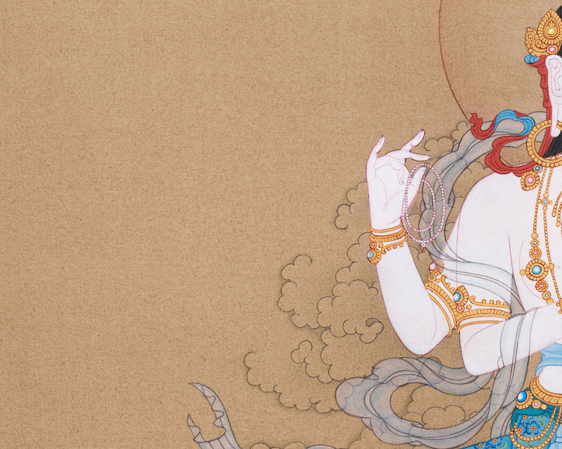 Serene Avalokiteshvara Thangka | Hand-Painted Four Armed Chenrezig Art