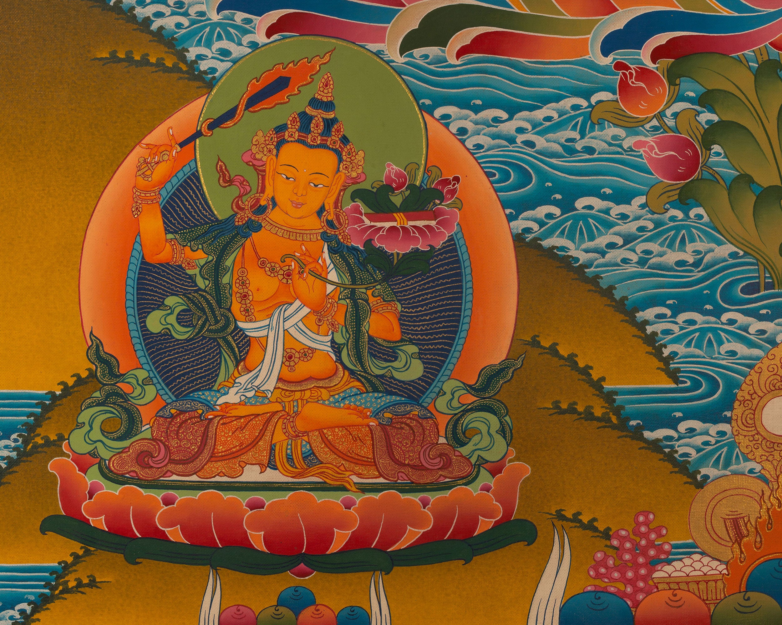 Bodhisattva Four-Armed Chenrezig Thangka | Hand-Painted Deity of Compassion and Mercy