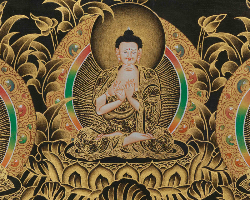 Gold Thangka of Shakyamuni Buddha | Five Dhyani Buddhas With Two Disciples