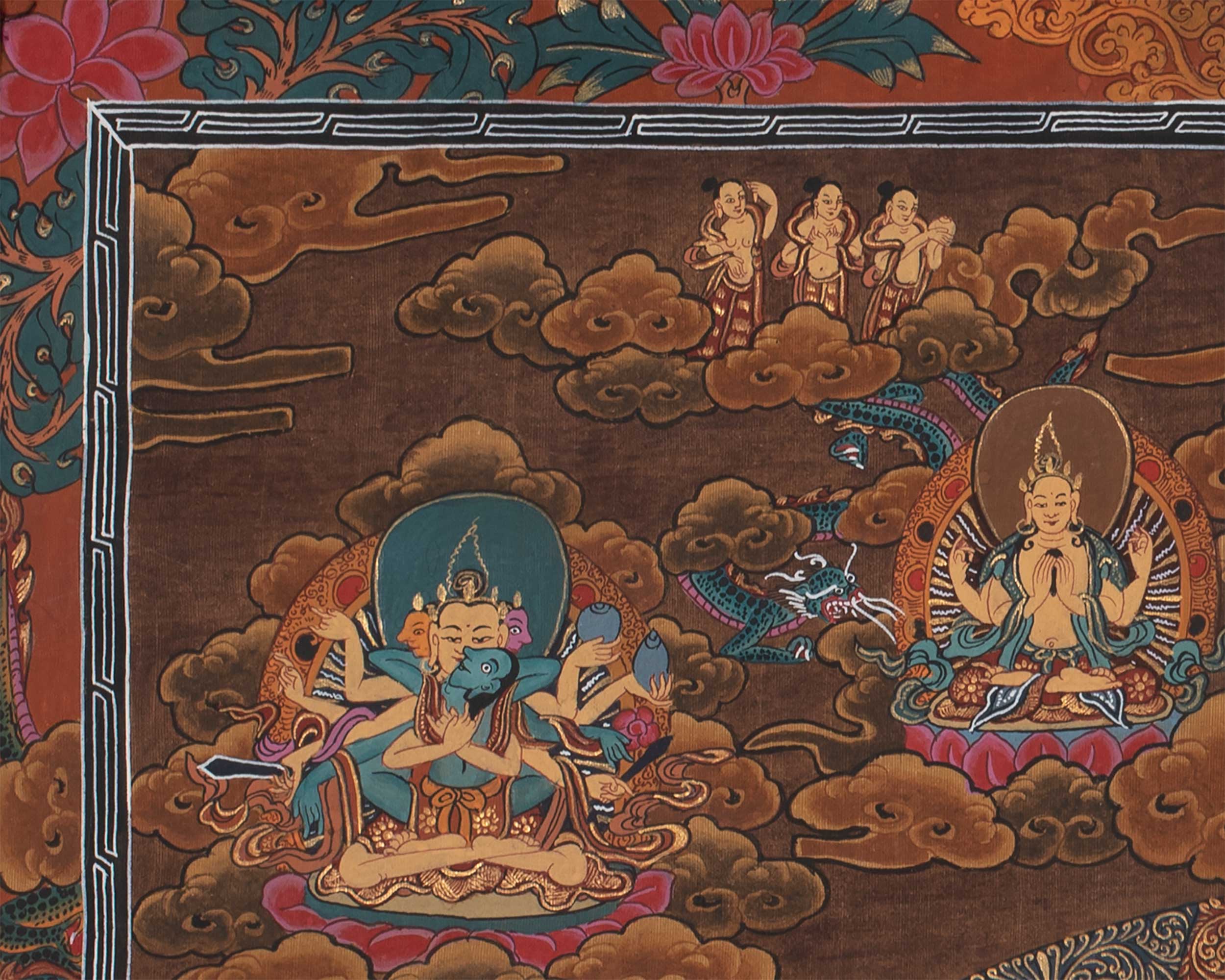 Vintage Mandala with Guhyasamaja , Chakrasamvara and Mahakalas | Thangka with Brocade