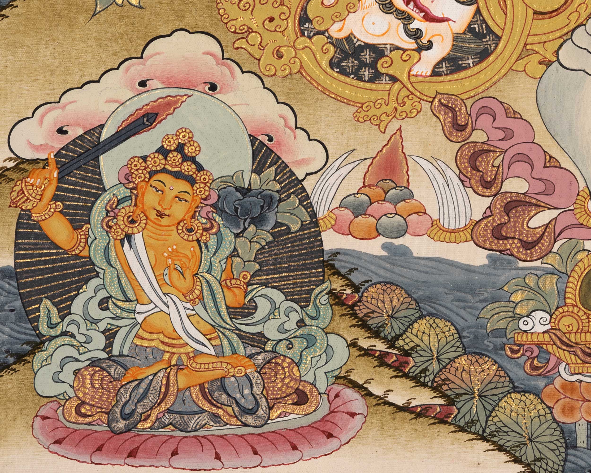 Thangka of Avalokiteshvara with Mantra | Featuring Manjushri and Vajrapani