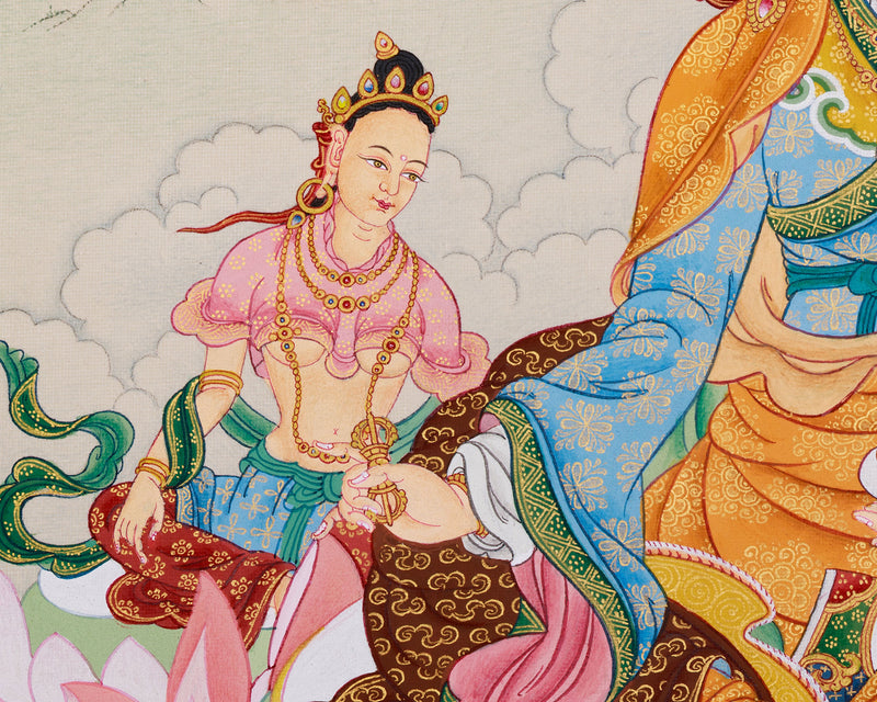 Guru Rinpoche with Consorts: Mandarva & Yeshe Tsogyal Thangka