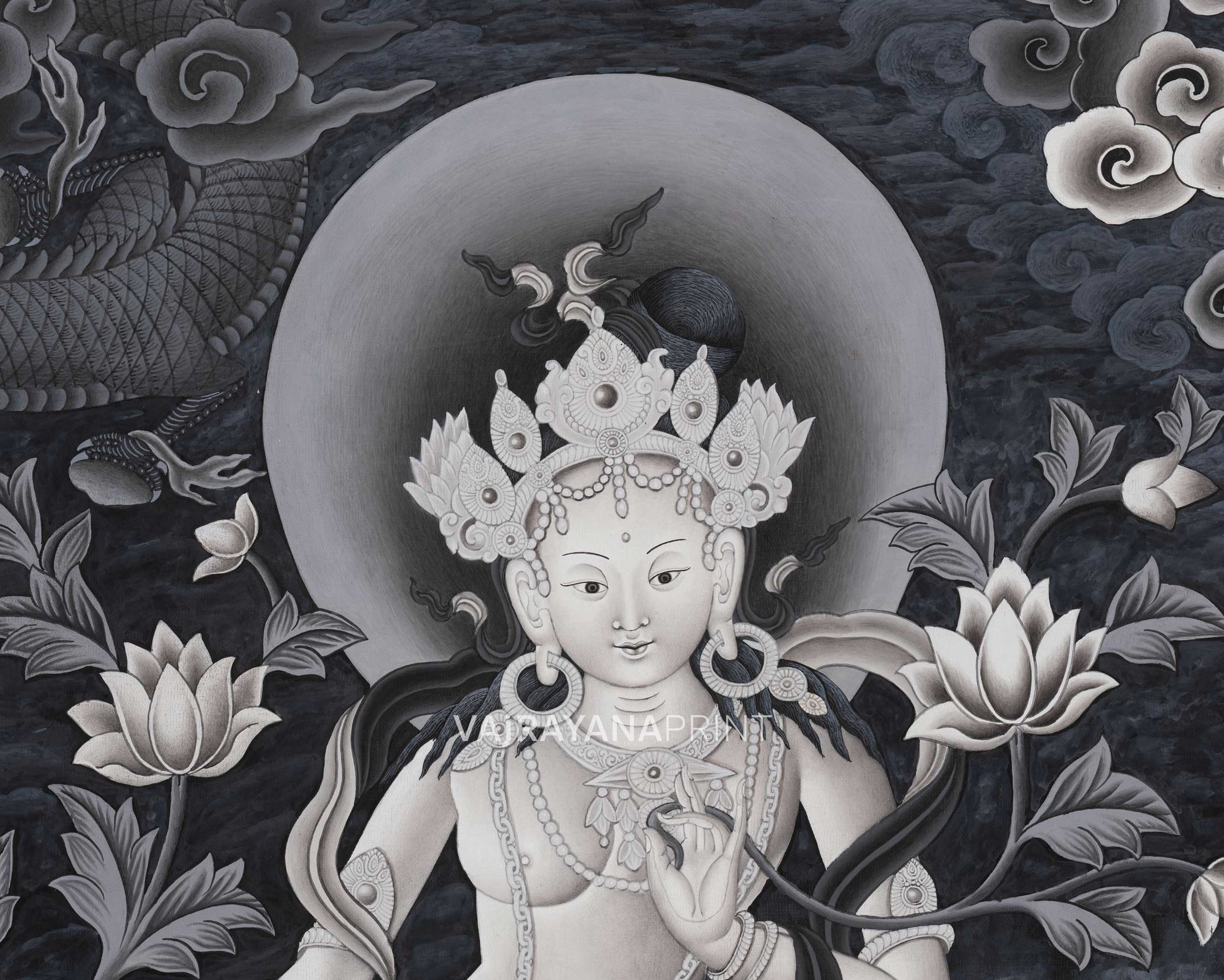 White Tara, Manjushri and Green Tara Standing Thangka Print | Newari Style Print