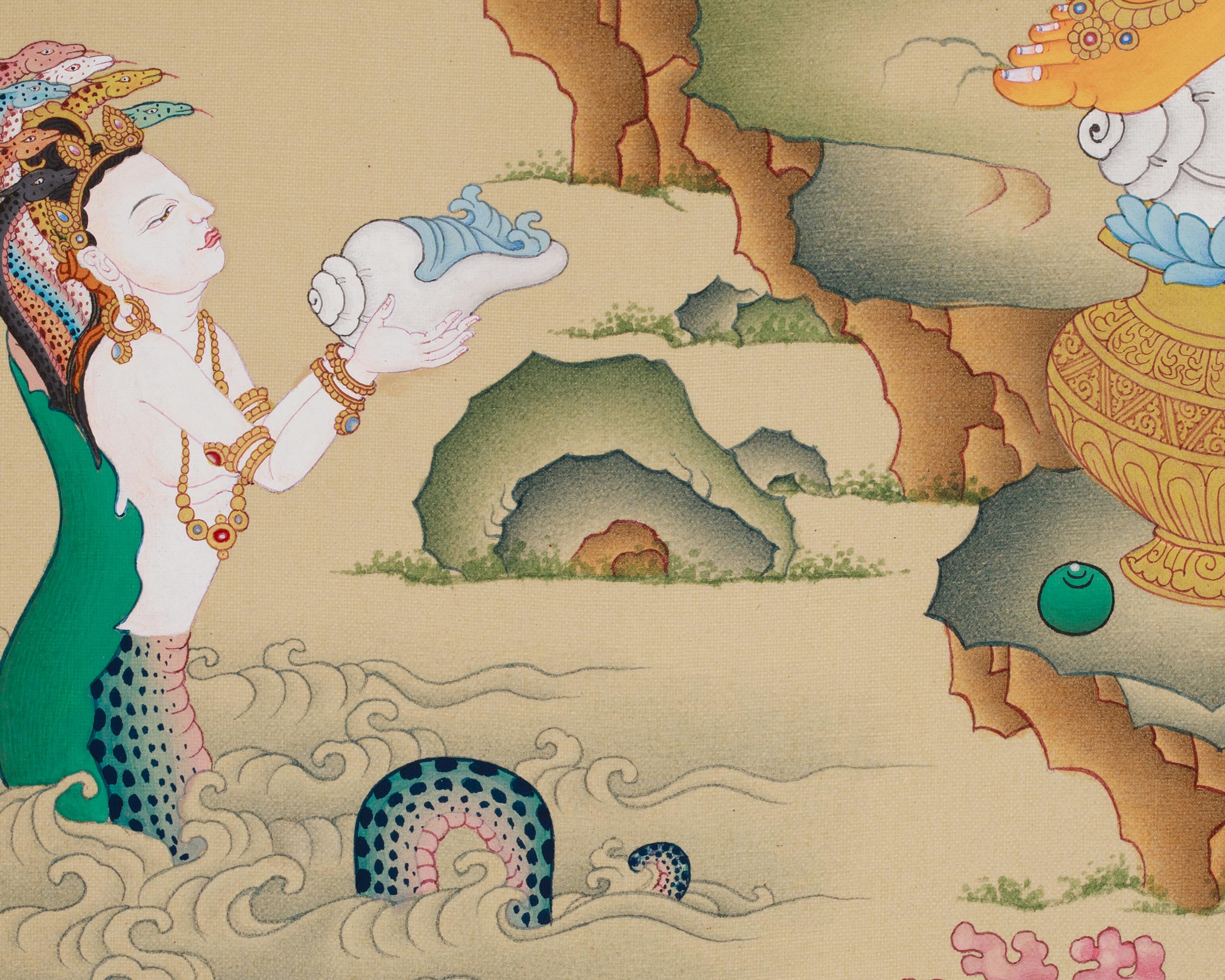 Yellow Dzambhala with Buddha Ratnasambhava Thangka | The Union of Wealth and Spiritual Enlightenment