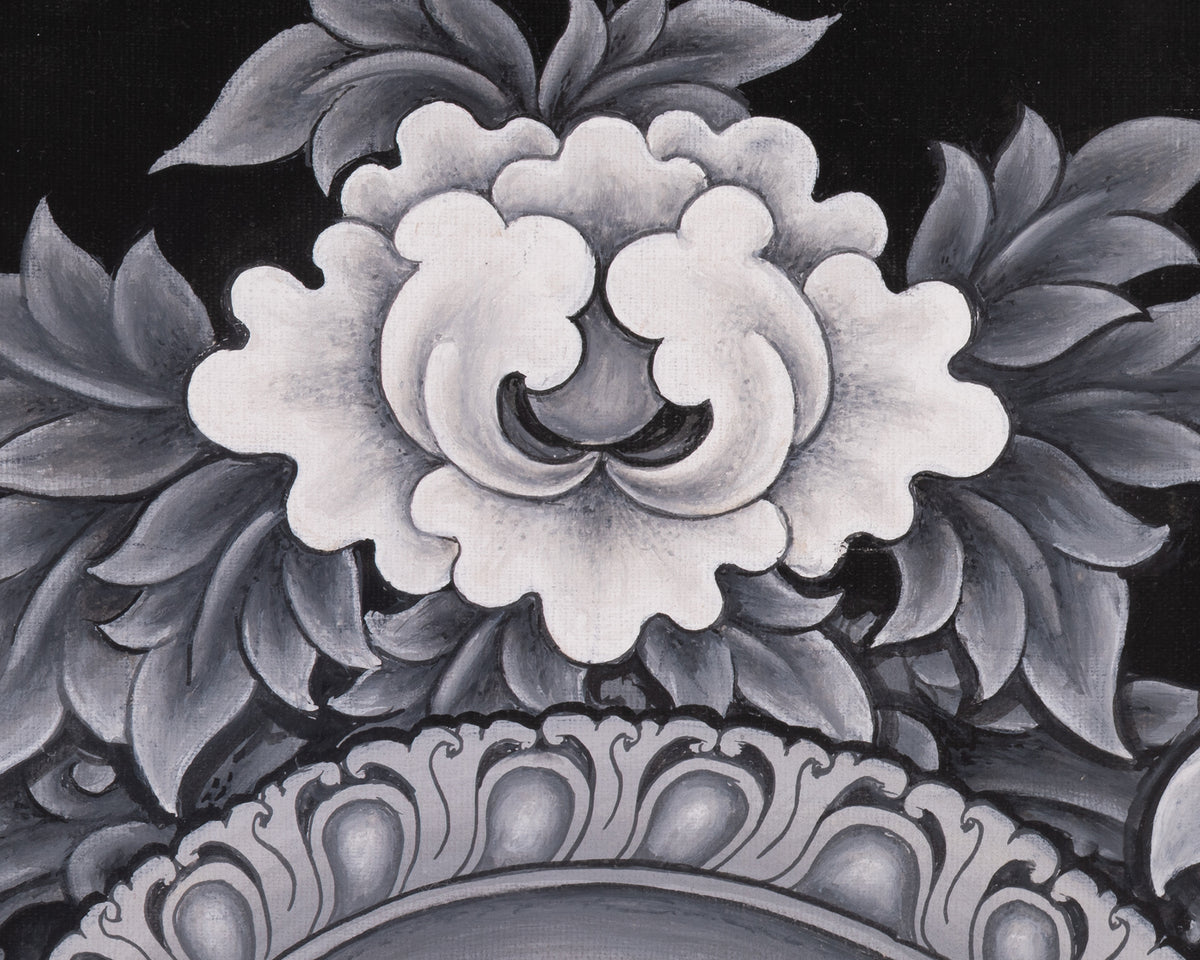 Black and White Bodhisattva Chenrezig Thangka | Avalokiteshvara Art | Compassion Deity