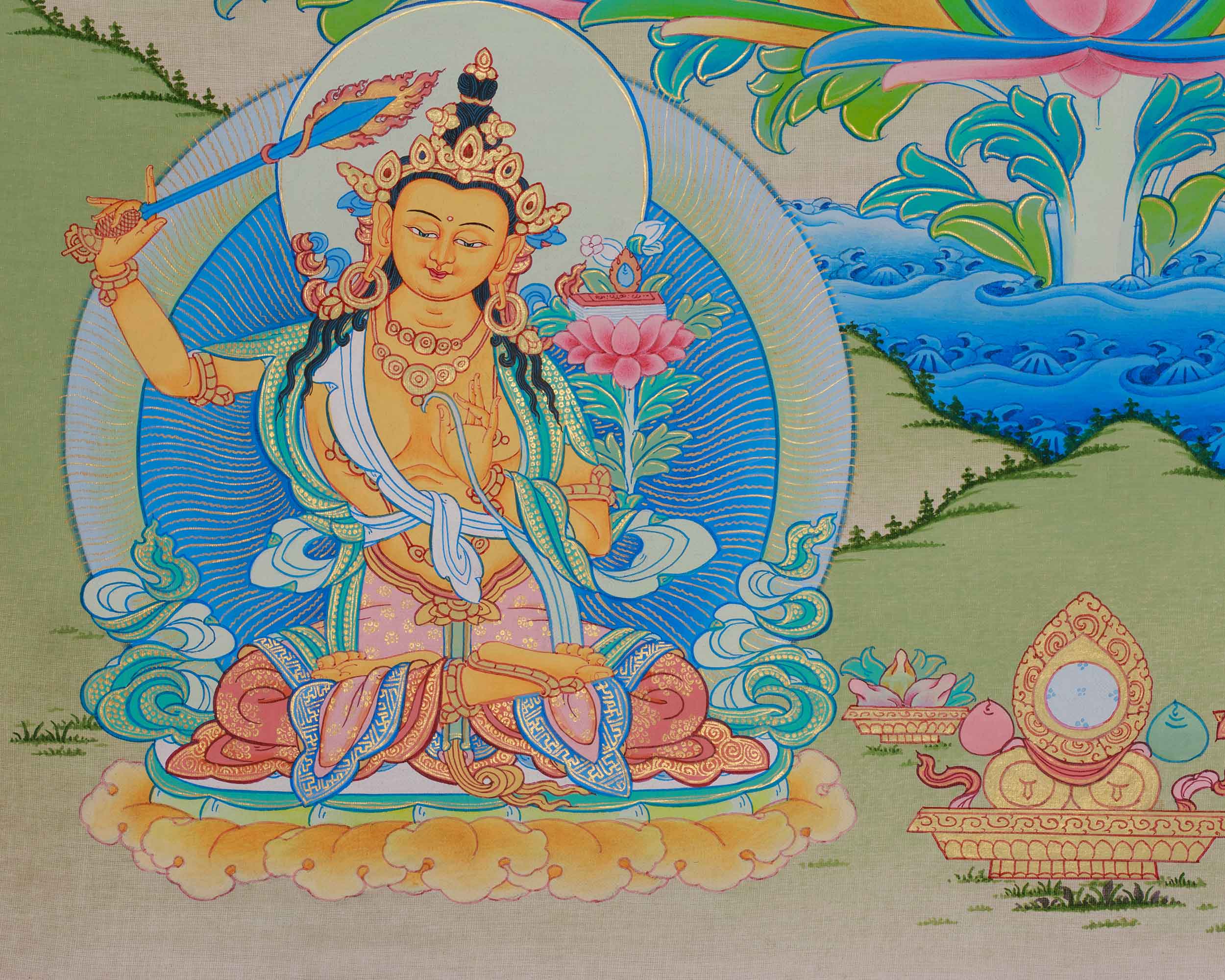 Himalyan Thangka Of Four-Armed Chenrezig | Avalokiteshvara, Amitabha Buddha, Manjushri, Vajrapani