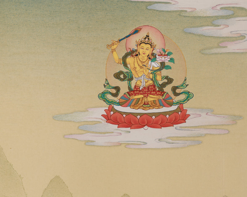 Avalokiteshvara Thangka with Manjushri & Vajrapani: Authentic stone Colors from Tibet