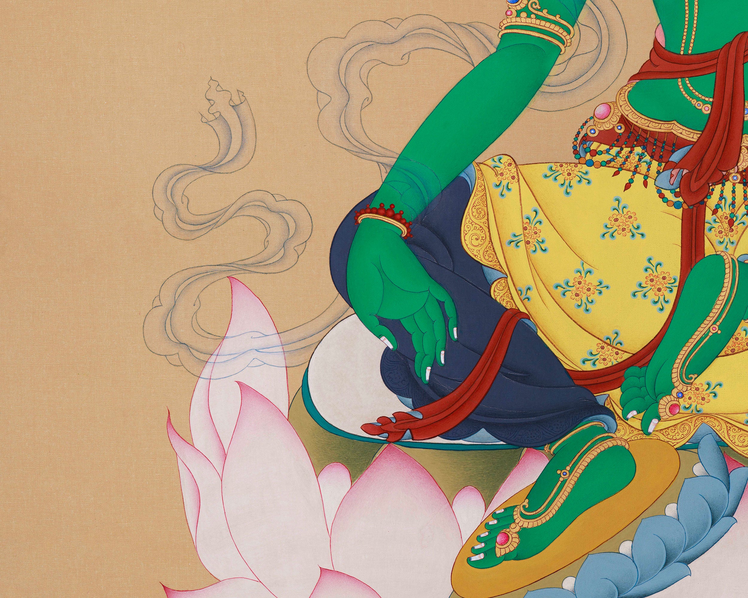 Exquisite Bodhisattva Green Tara Artwork | 30x40 Inch Hand-Painted Thangka of Swift Compassion