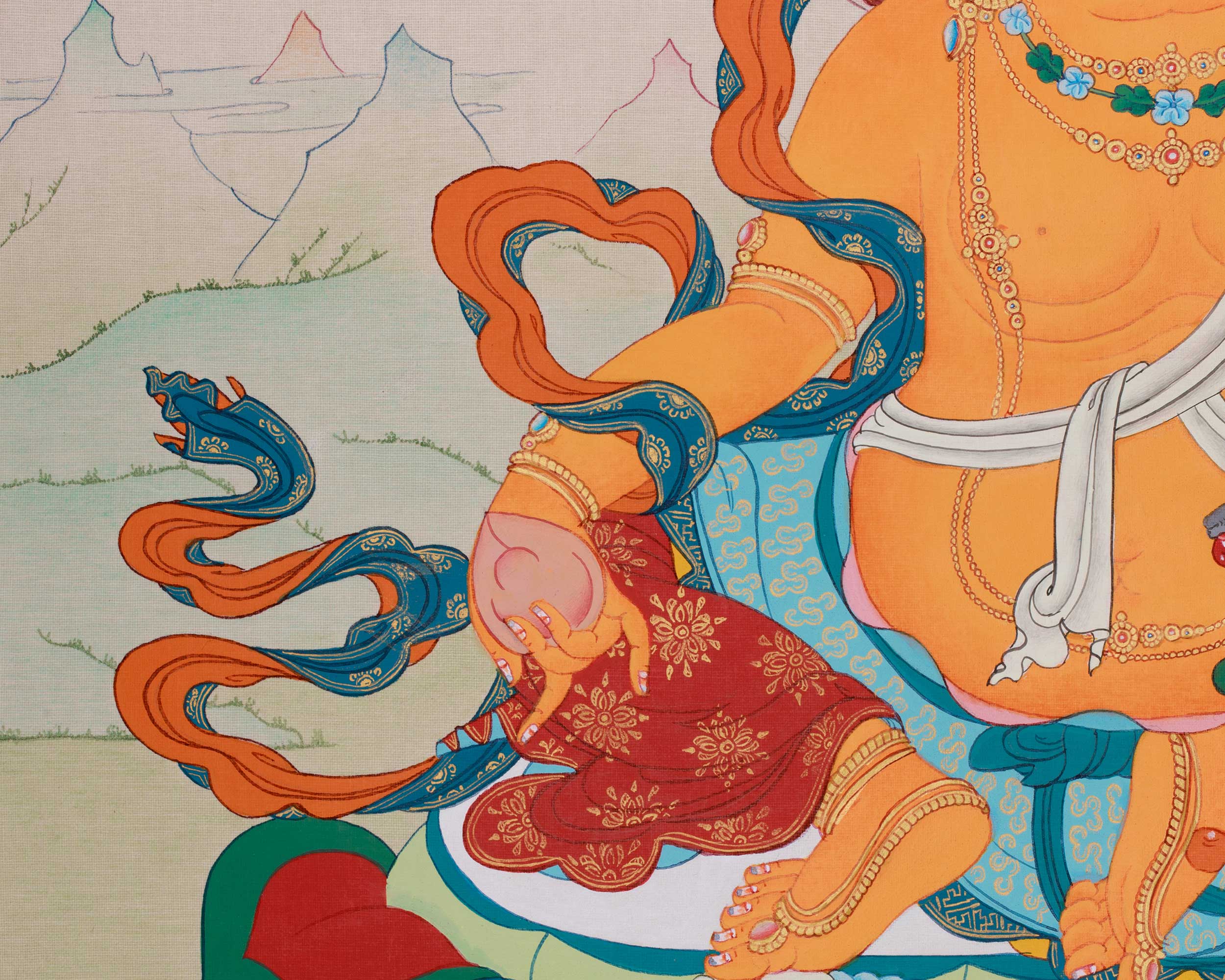 Handmade Dzambhala Thangka | Wealth Deity with Jewel Mongoose and Citron Fruit