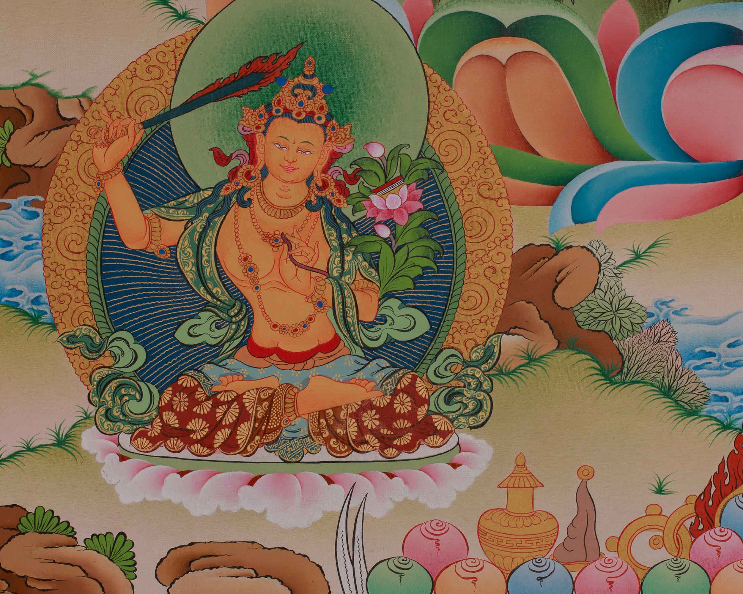 Chenrezig with Amitabha, Manjushri, and Vajrapani Thangka | Avalokiteshvara Art