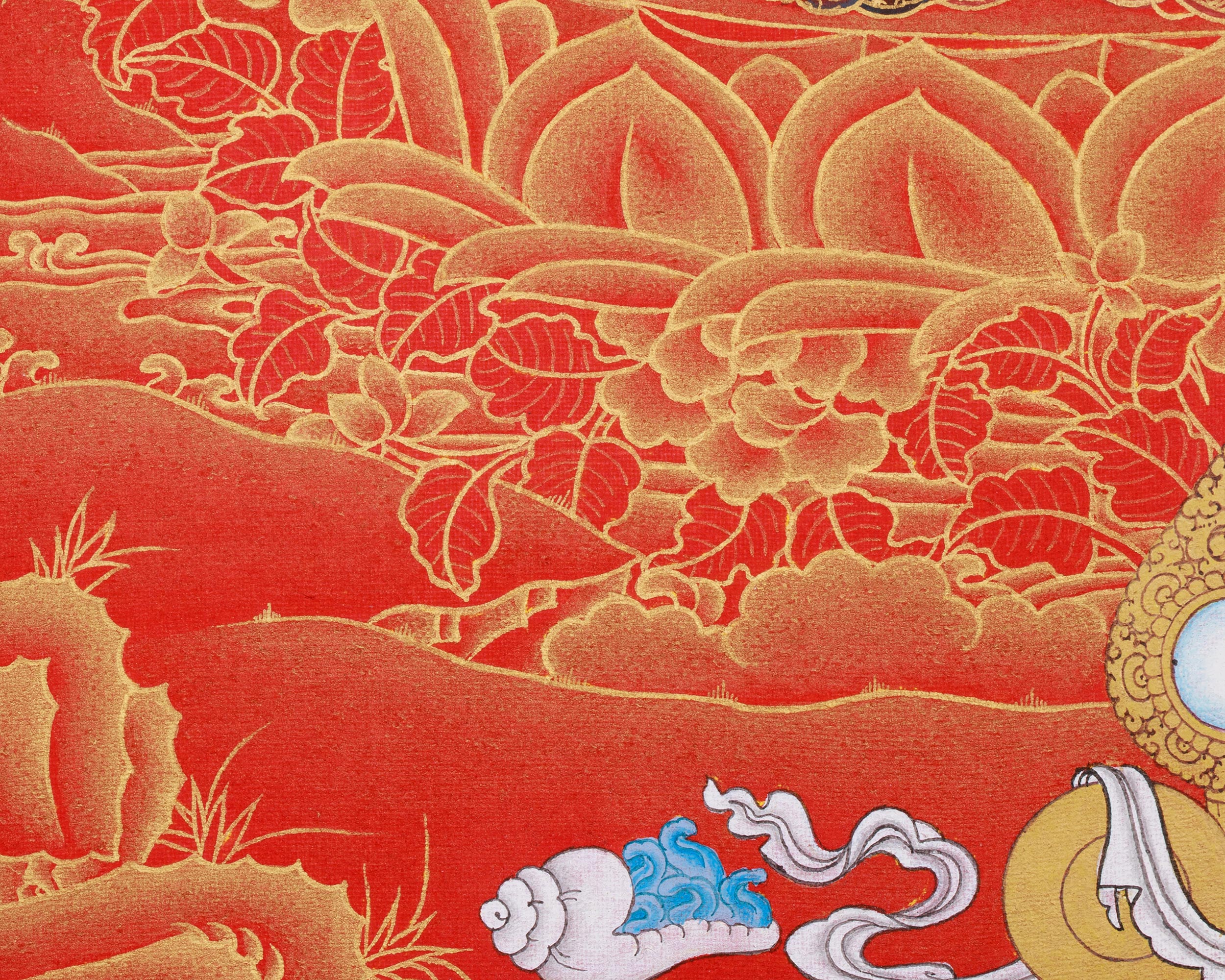 4 Arms Chenrezig Thangka | Nakthang Style with 24K Gold on Red Canvas