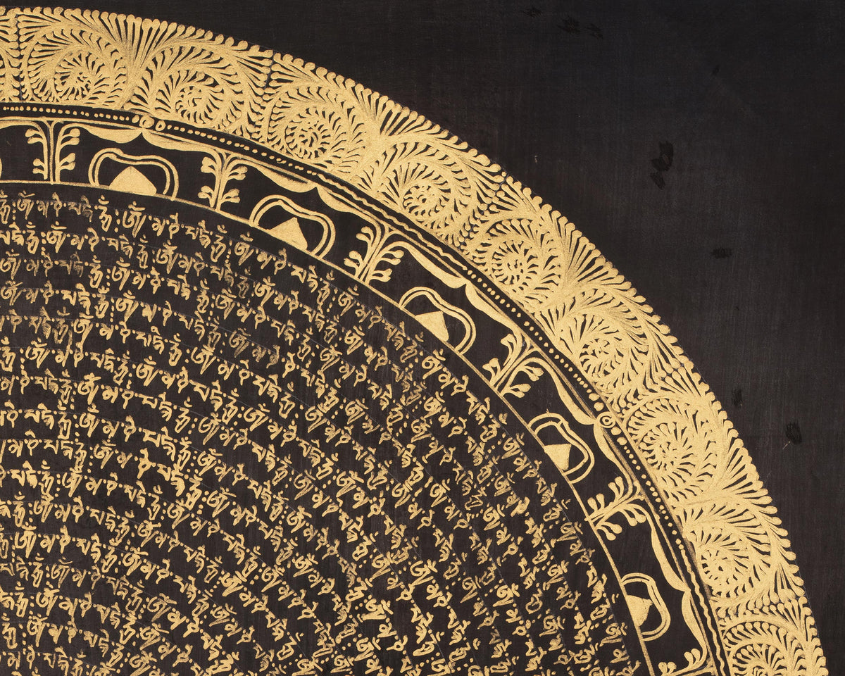 Tibetan Thangka of Mantra Mandala | Sacred Gold-on-Black Buddhist Artwork