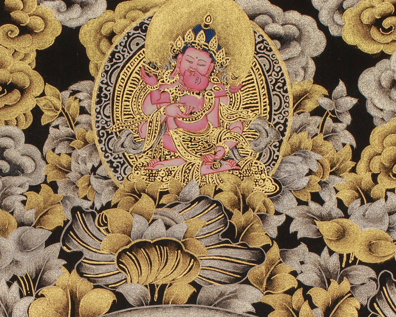 Exquisite Vaishravana, Guardian of the North Thangka | 24K Gold Embellished Art on Black Canvas