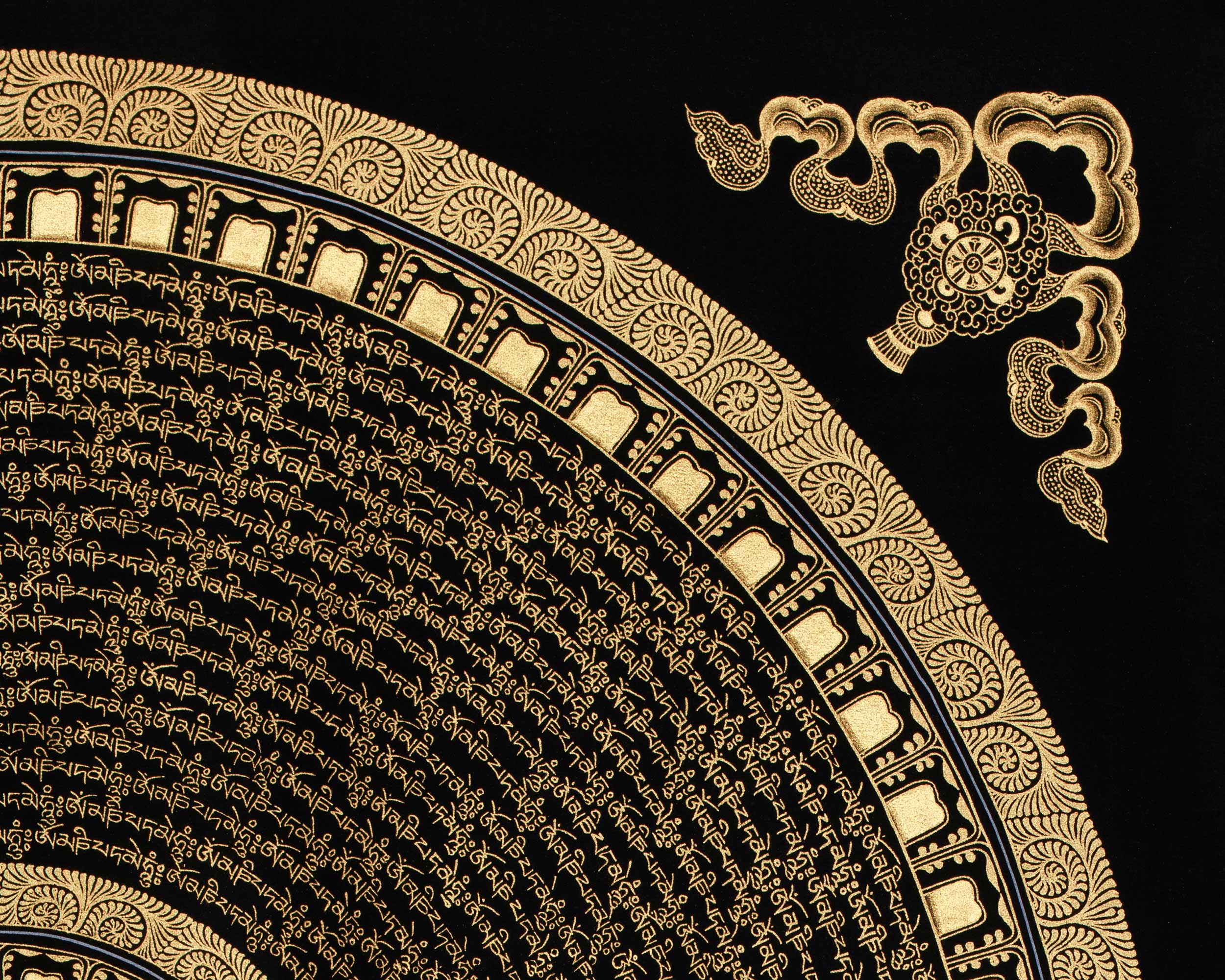 Black and Gold Mantra Mandala | Hand-Painted 24K Gold Tibetan Thangka