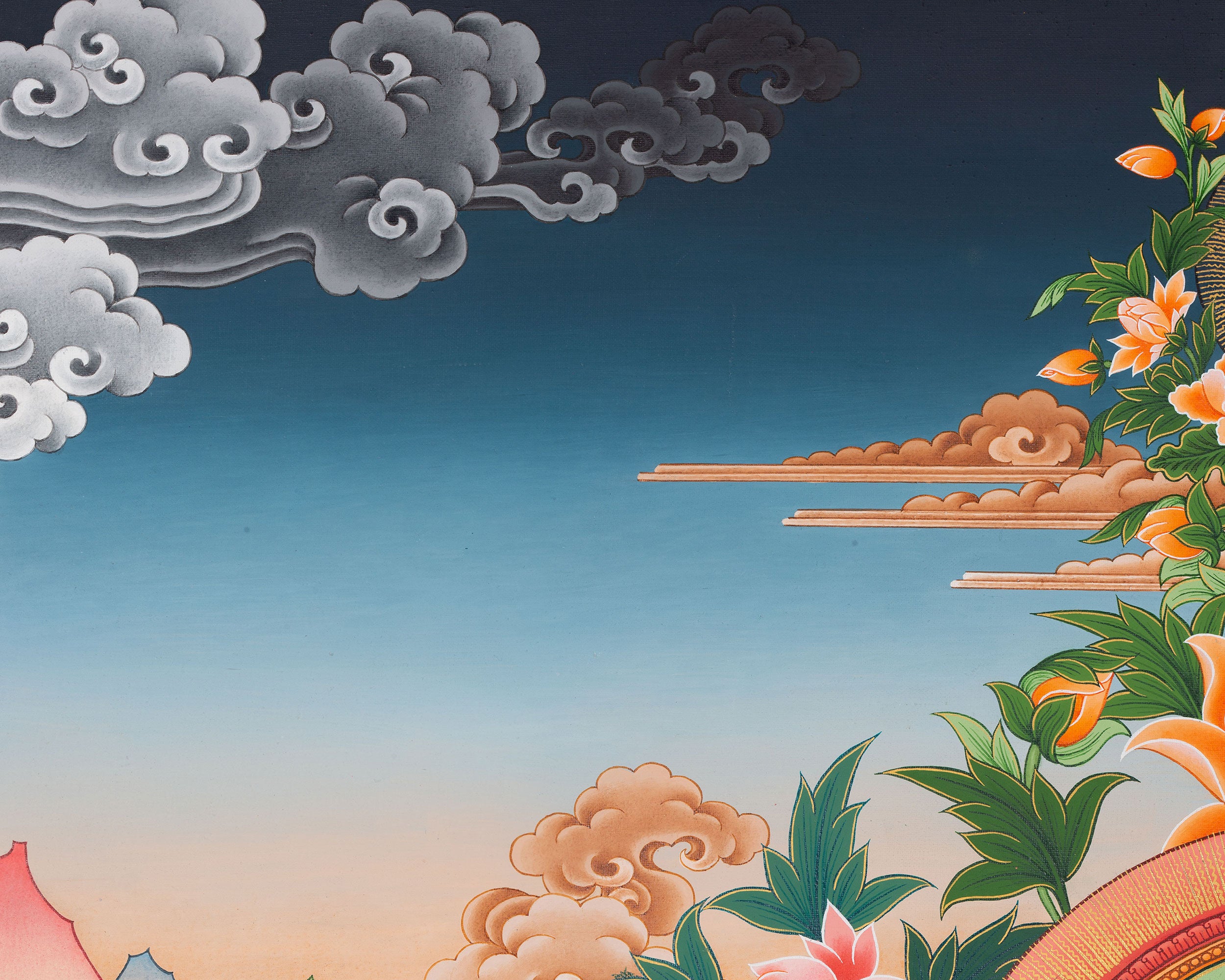 Divine Compassion in Eri Style: Avalokiteshvara Artwork with Amitabha Buddha, Manjushri and Vajrapani Figures