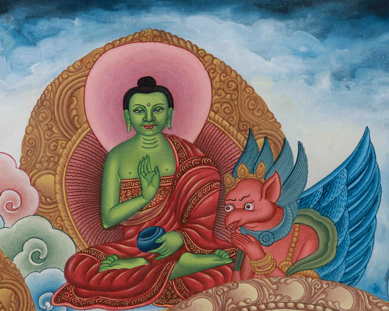 Yellow Dzambhala, The Wealth Deity Thangka | Prosperity Thangka With Five Dhyani Buddhas