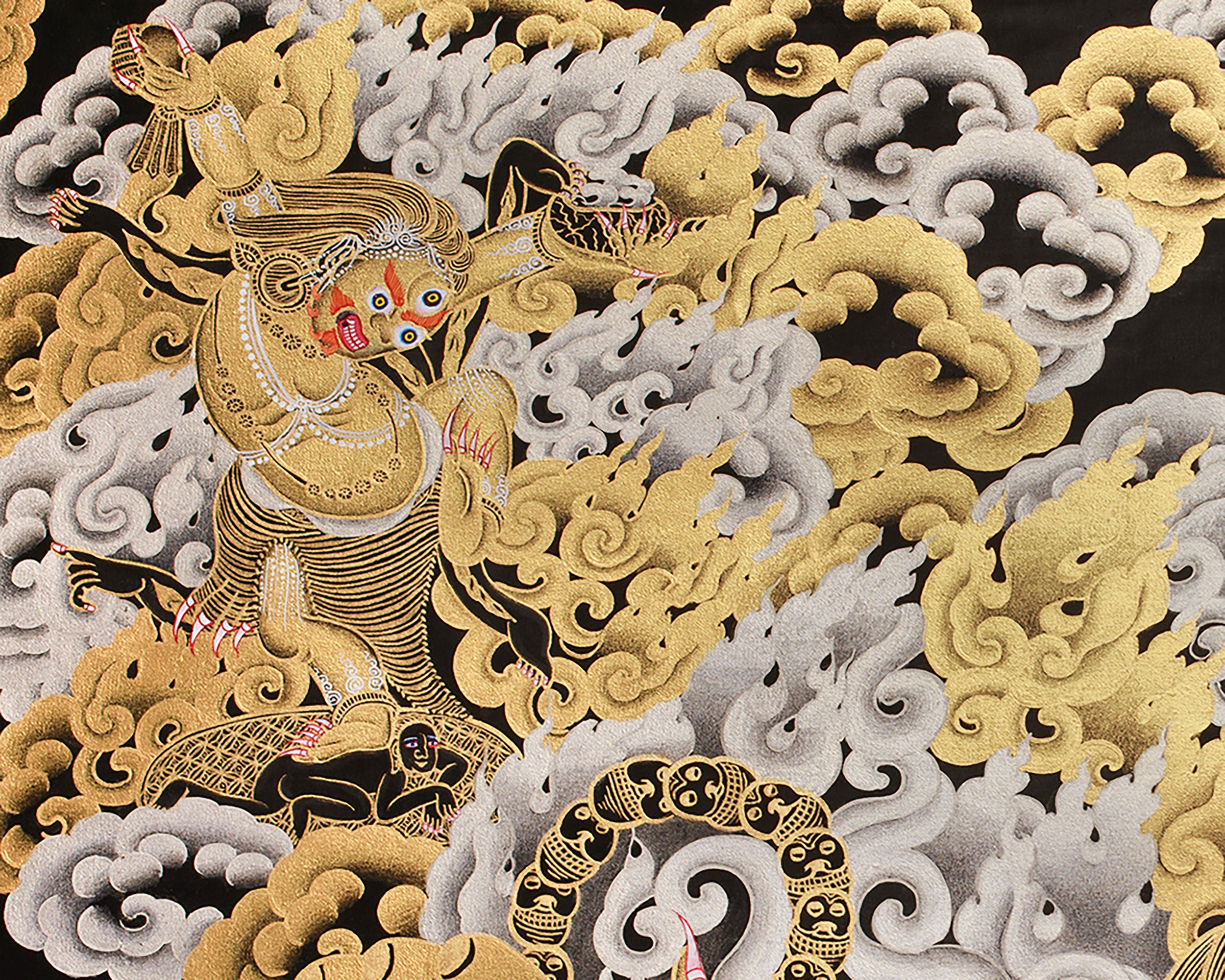 Majestic Gold & Silver Wrathful Six-Armed Mahakala Thangka | Protector of Dharma