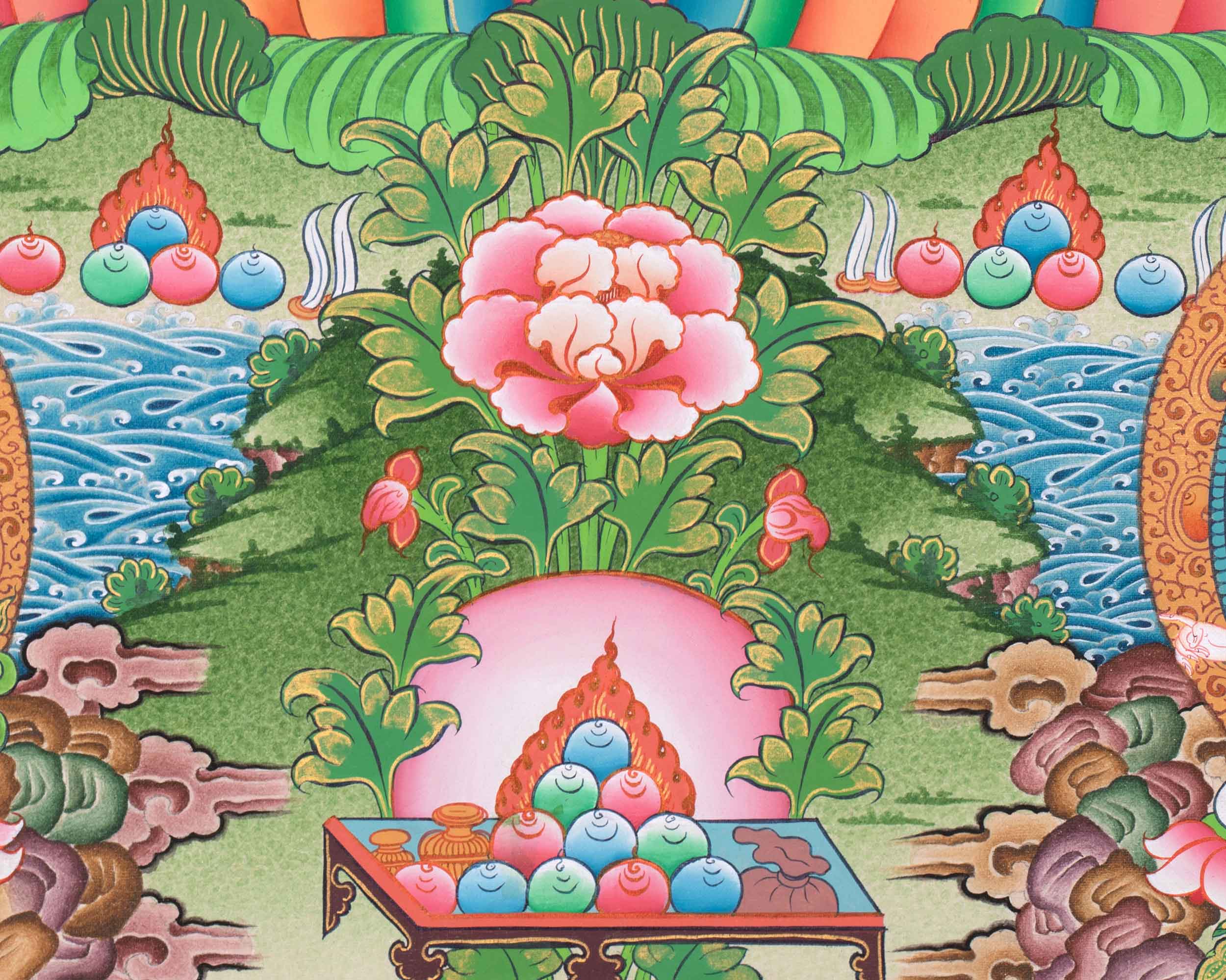 Female Buddhist Goddess, White Tara Thangka | 5 Dhyani Buddhas