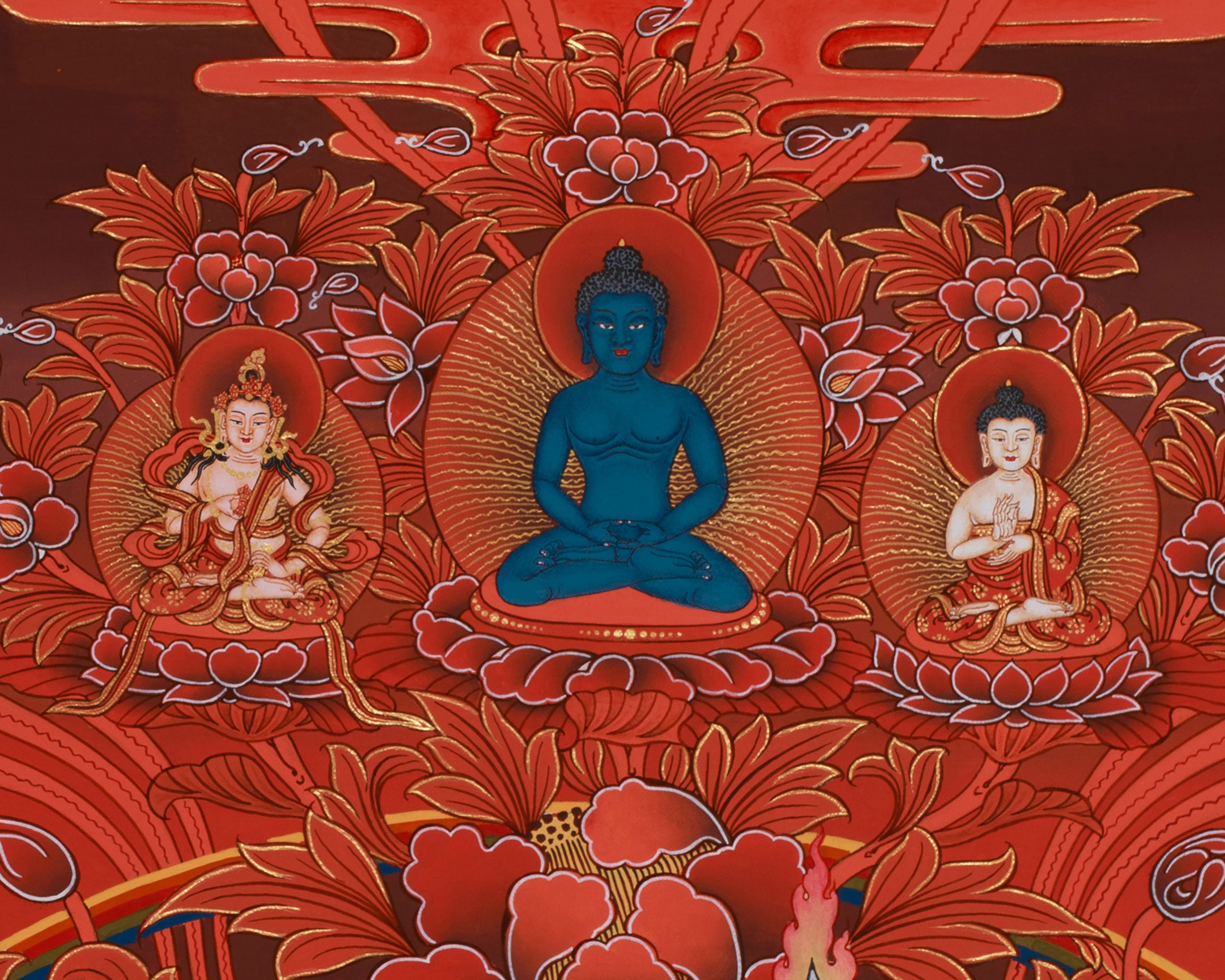 Peaceful Guru Tsokye Dorje | Red Hues Tibetan Artwork