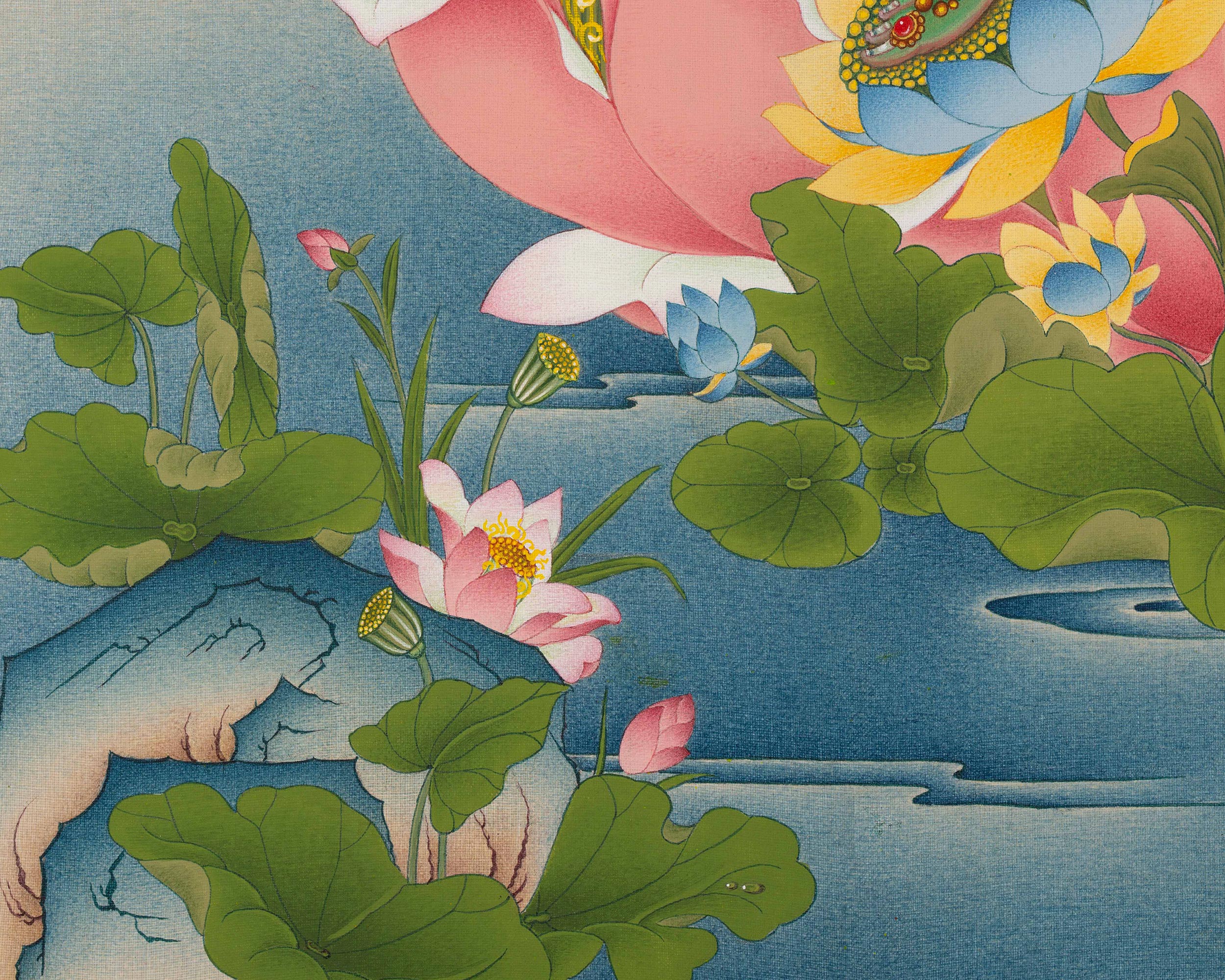 Mother Green Tara, A Thangka Painting in Natural Stone Colors