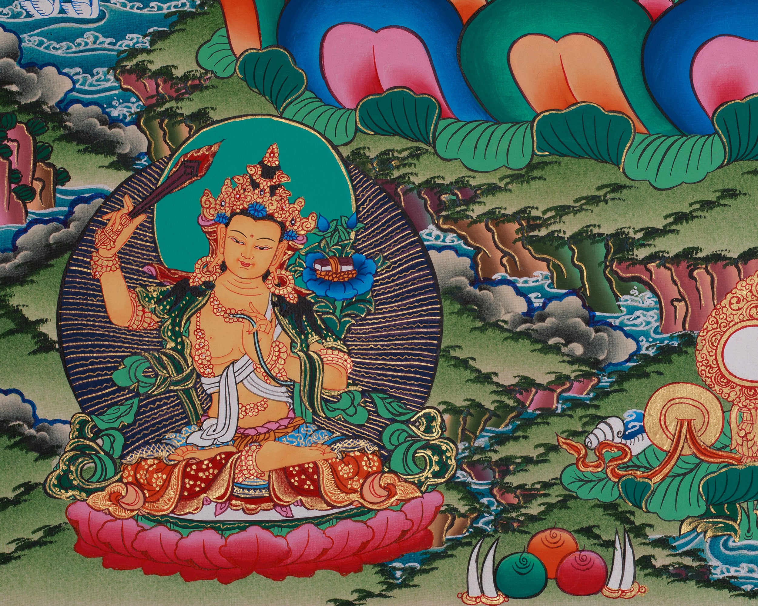 Chenrezig with Amitabha, Manjushri, and Vajrapani Thangka | Sacred Tibetan Art