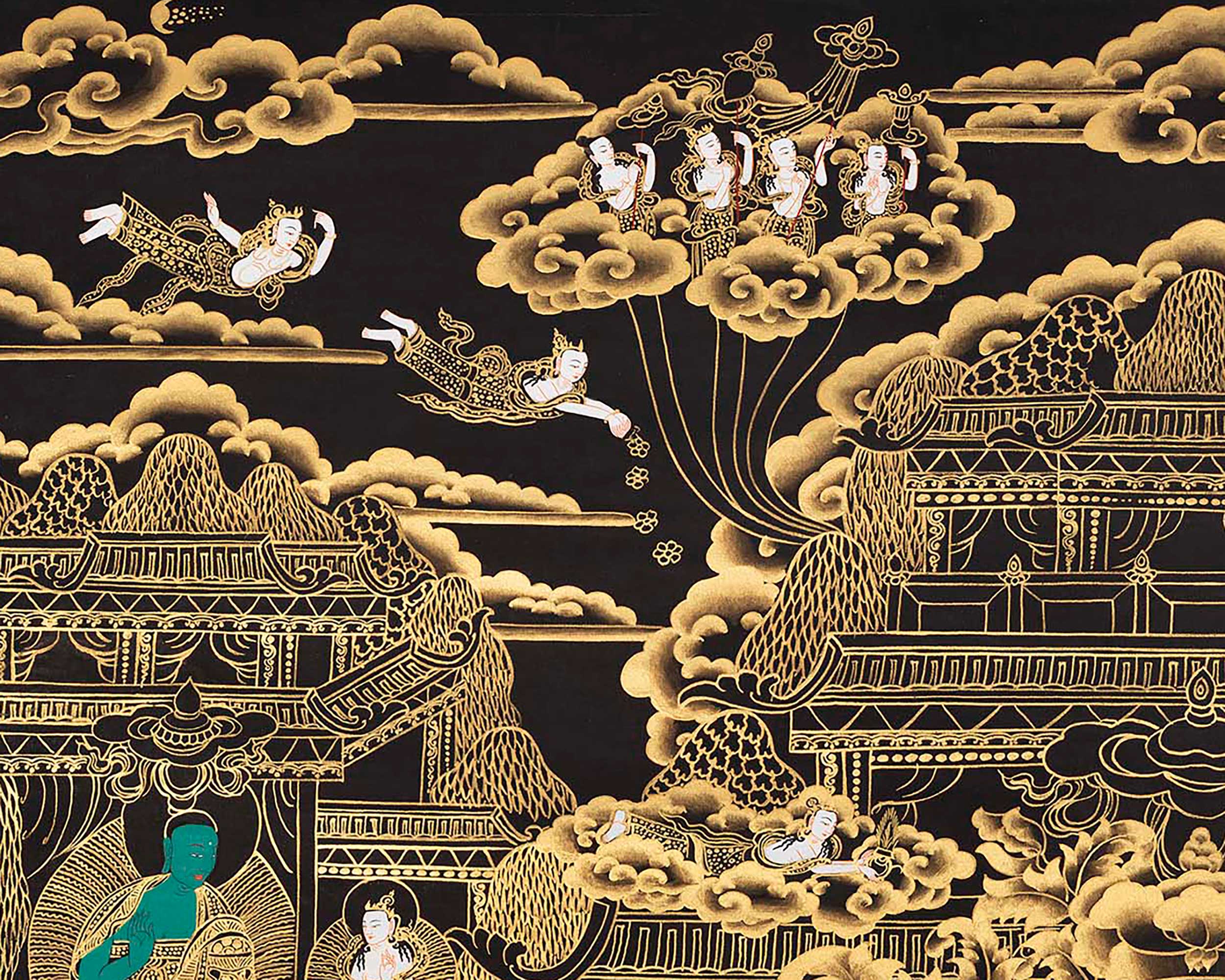 Black and Gold Amitabha Buddha Thangka | Sukhavati Thangka | Meditation Buddha