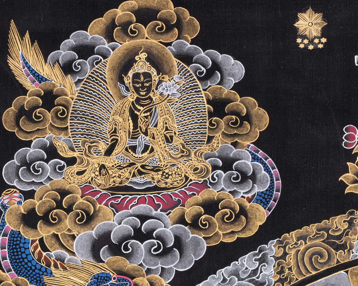 Original Hand Painted Black And Gold Style Chengrezig Mandala Thangka | Tibetan Buddhist Meditation And Yoga Art |