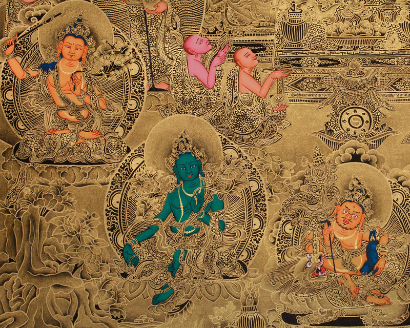 Opulent Gold Thangka of Historical Shakyamuni Buddha | The Awakened One in Elaborate Gold Throne