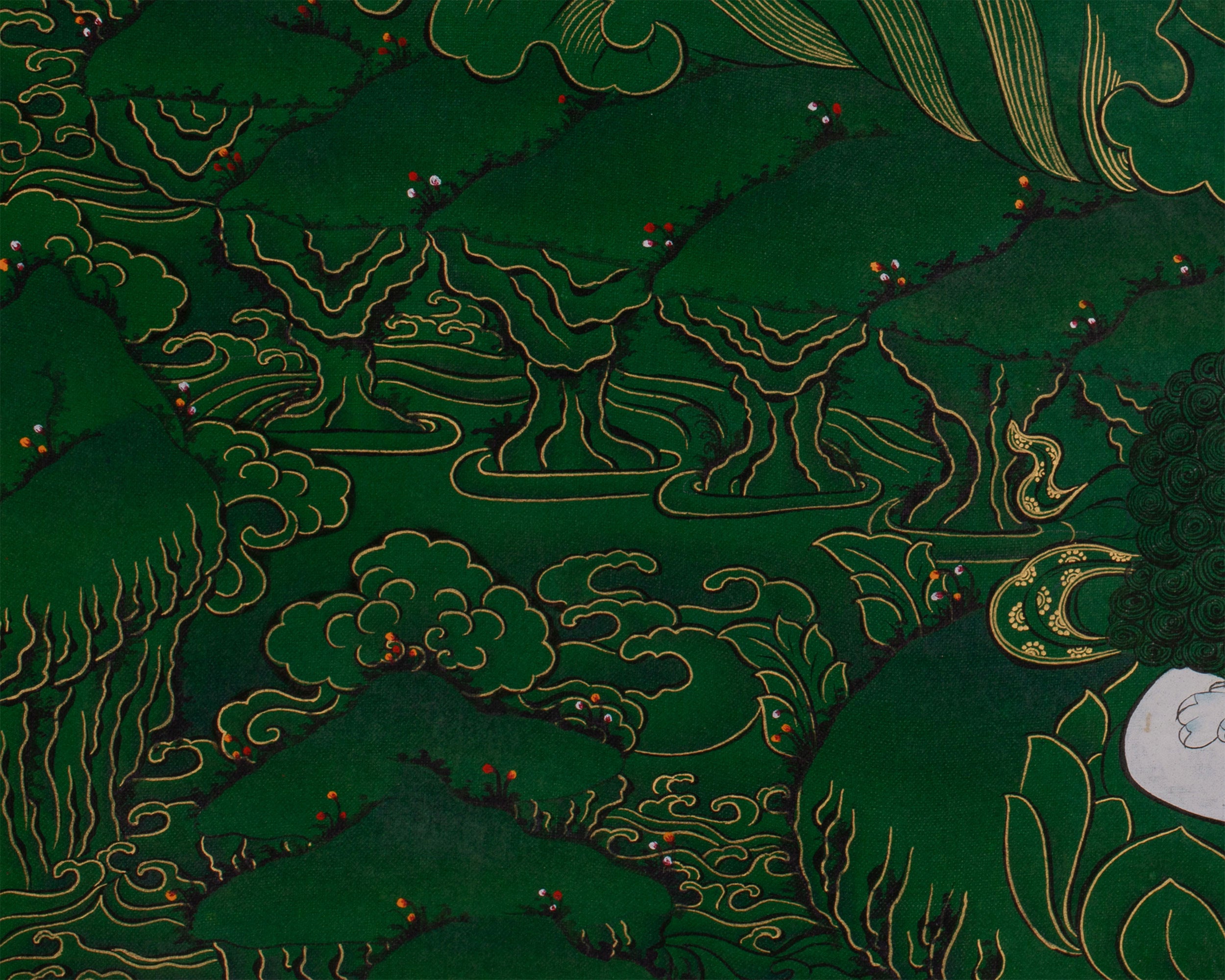 Tibetan Manjushri on Green Canvas | Wisdom Deity with Shakyamuni, Medicine Buddha, and Namtoshe